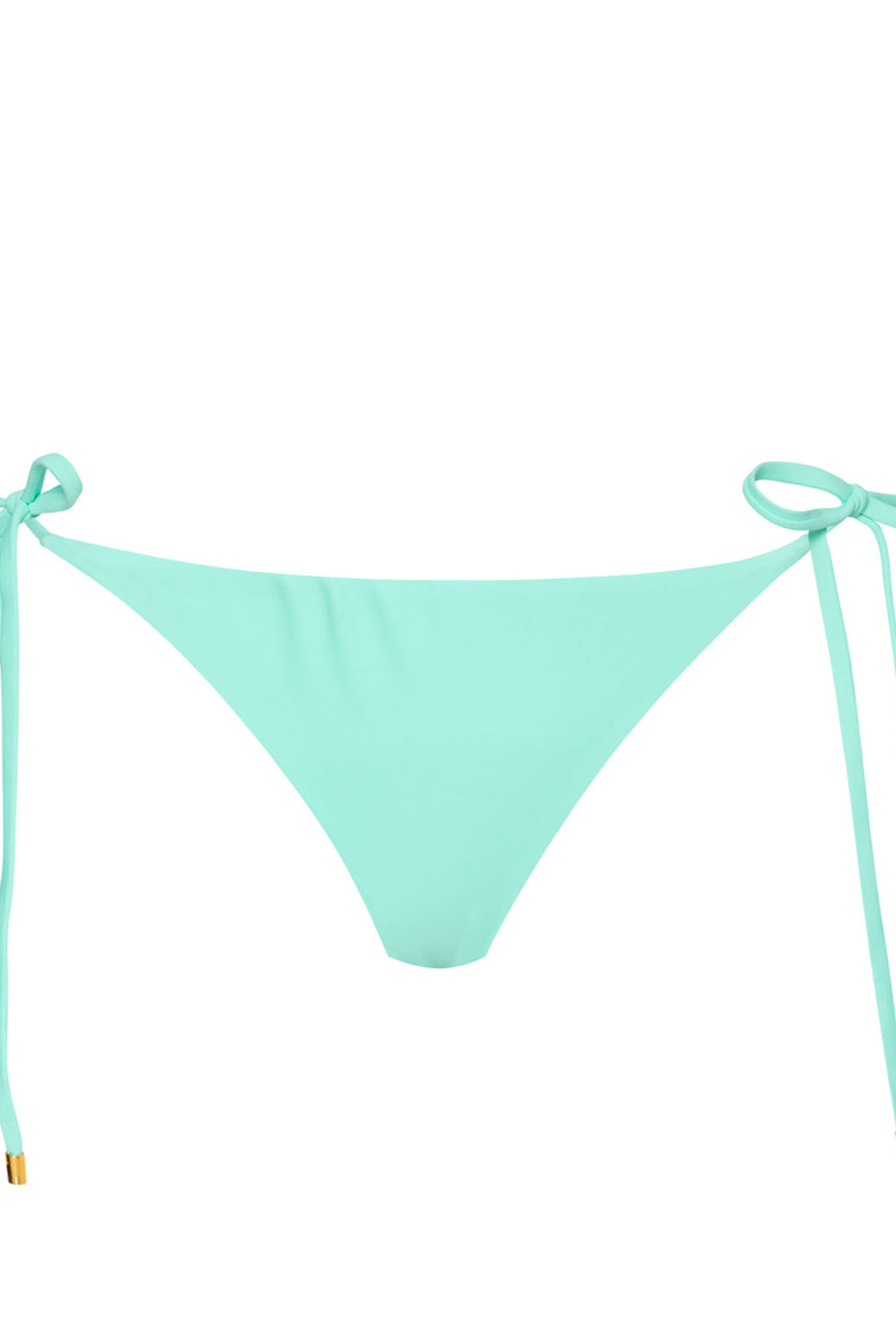 Teal bikini bottoms with tie sides against a white wall.