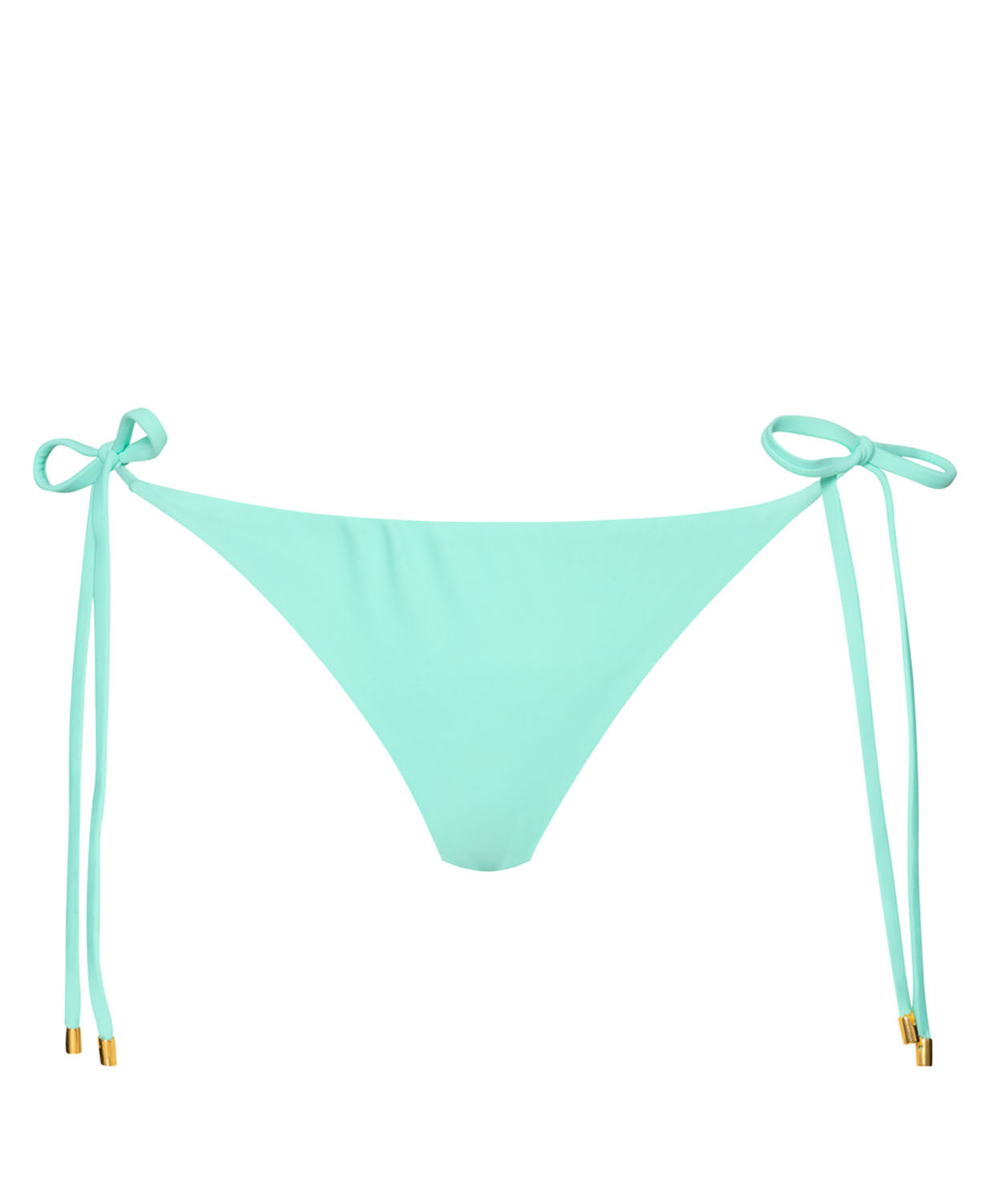 Teal bikini bottoms with tie sides against a white wall.