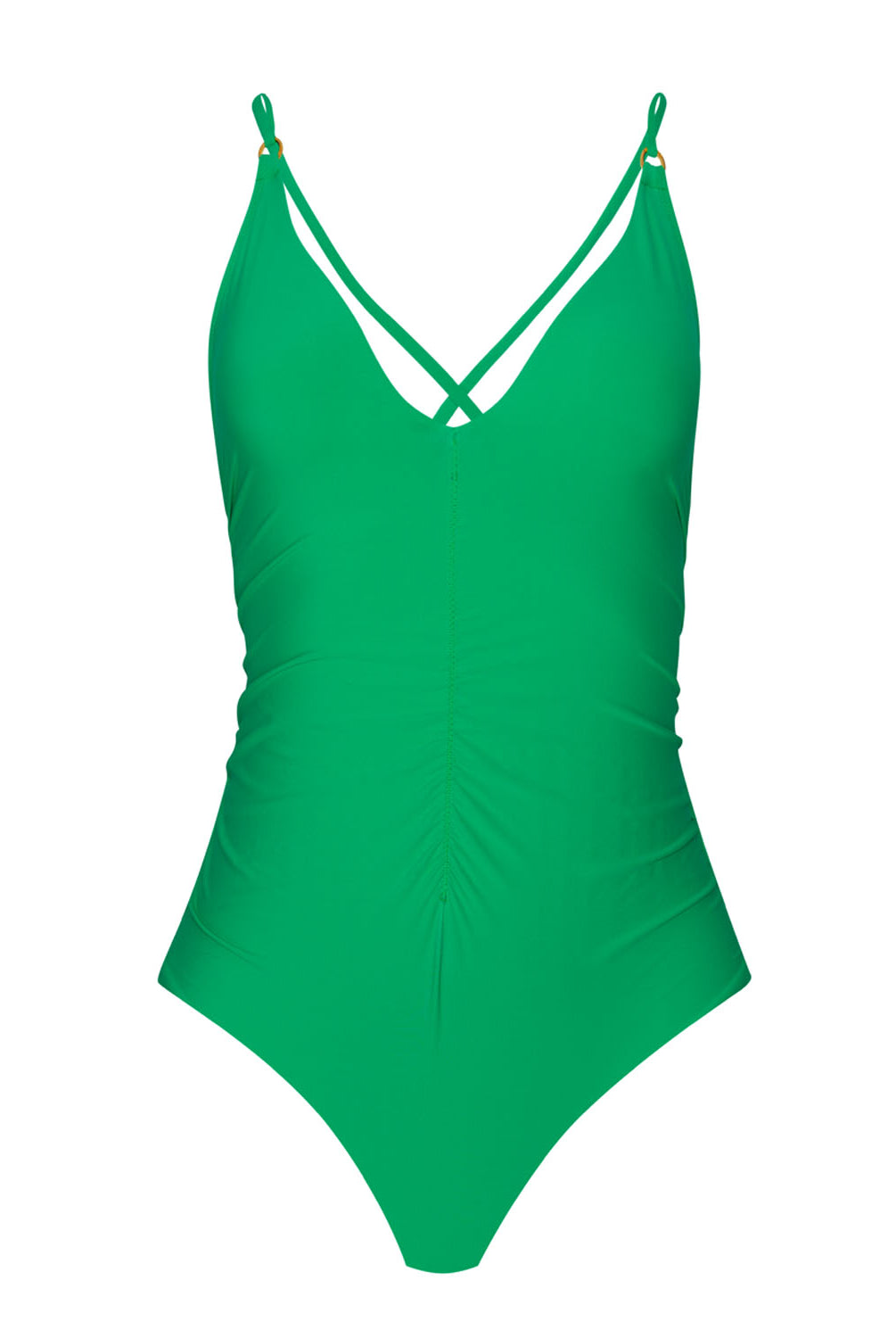 A green one piece bathing suit in front of a white background.