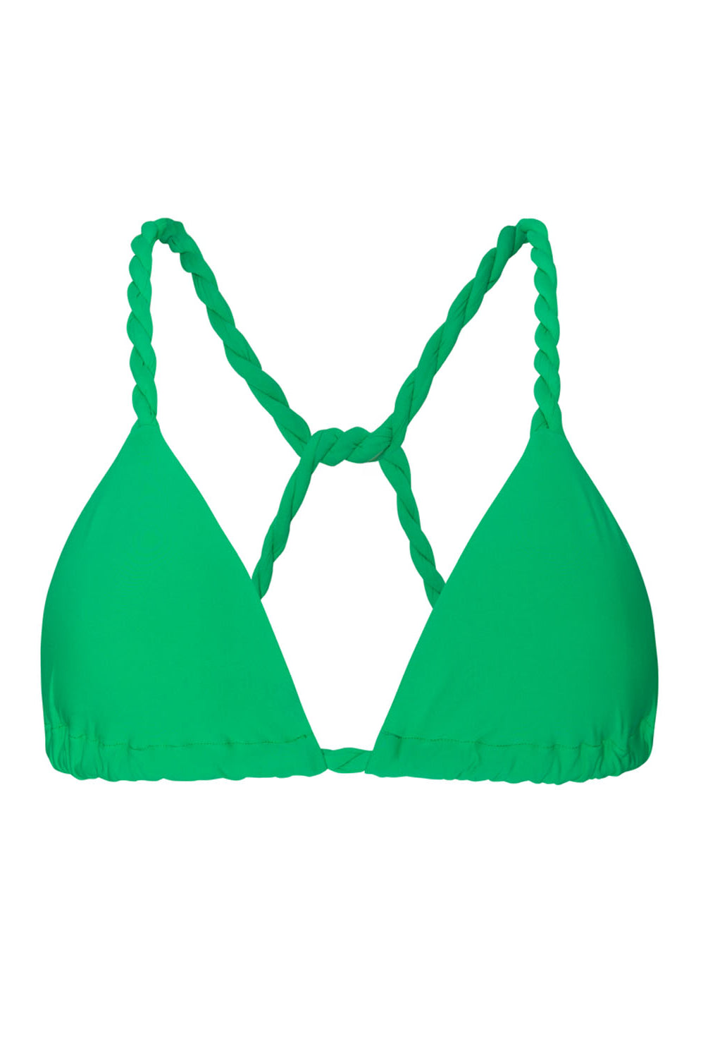 A green triangle bikini top with twisted rope accent strings in front of a white background.