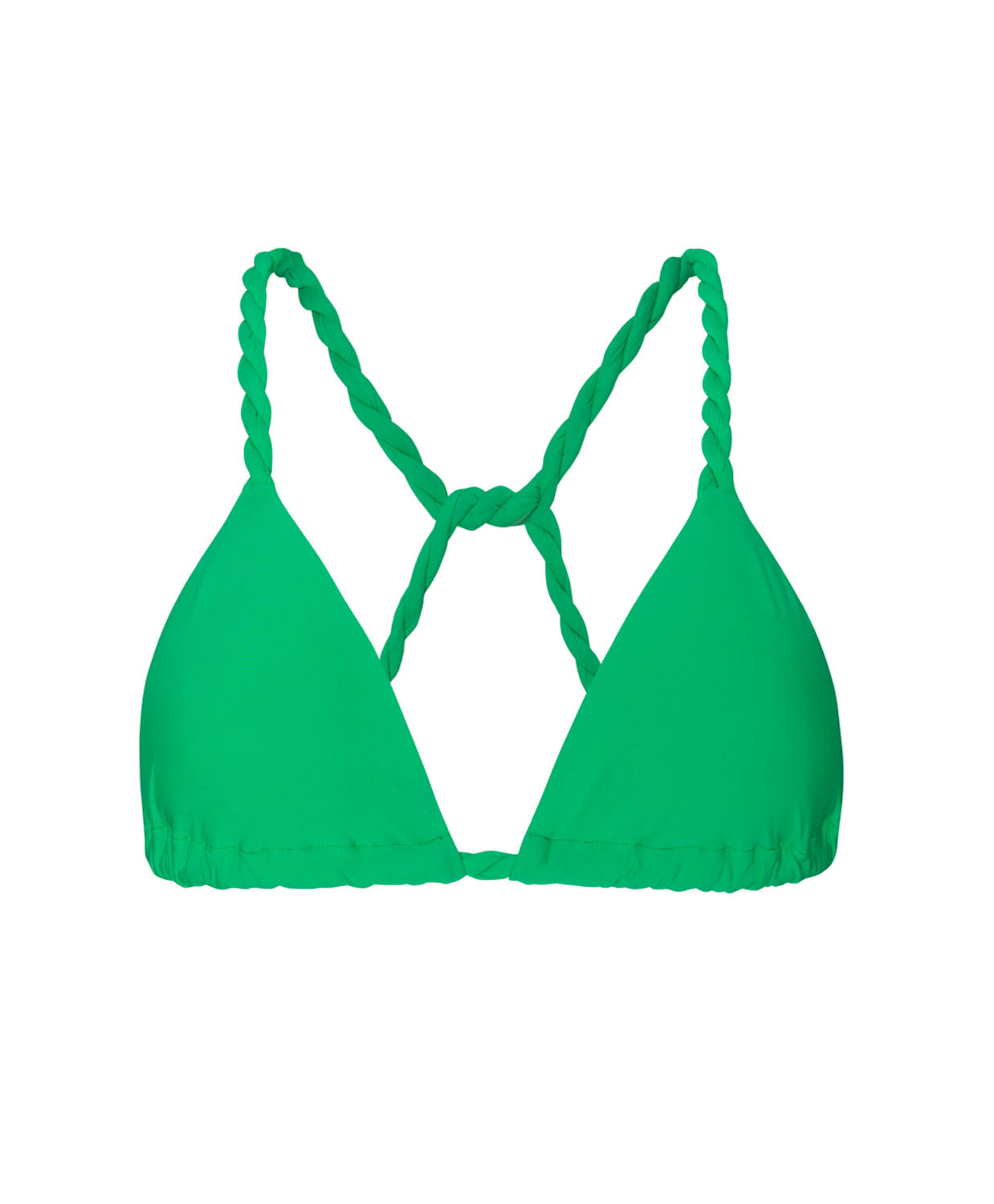 A green triangle bikini top with twisted rope accent strings in front of a white background.