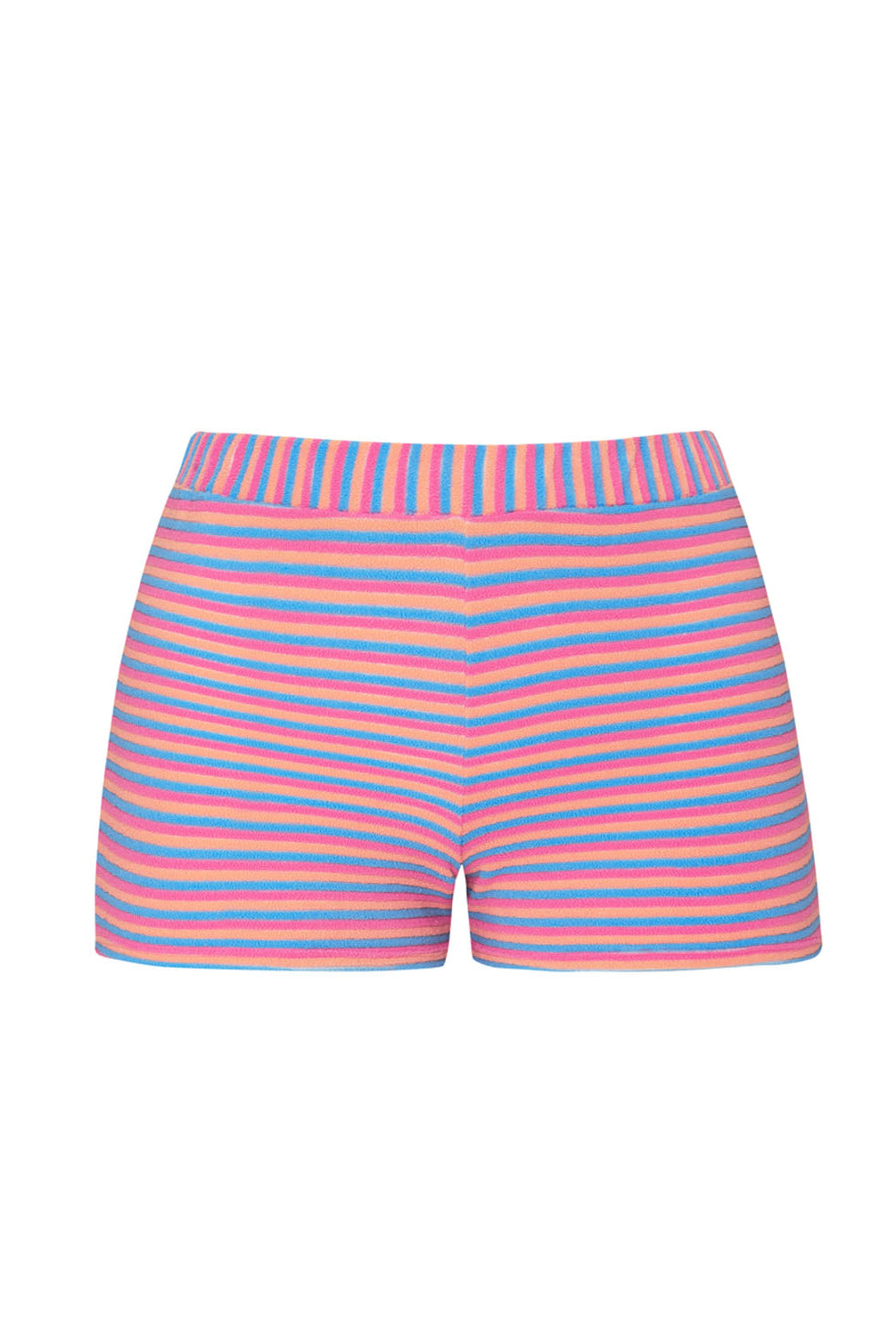 Striped colorful shorts against a white wall.