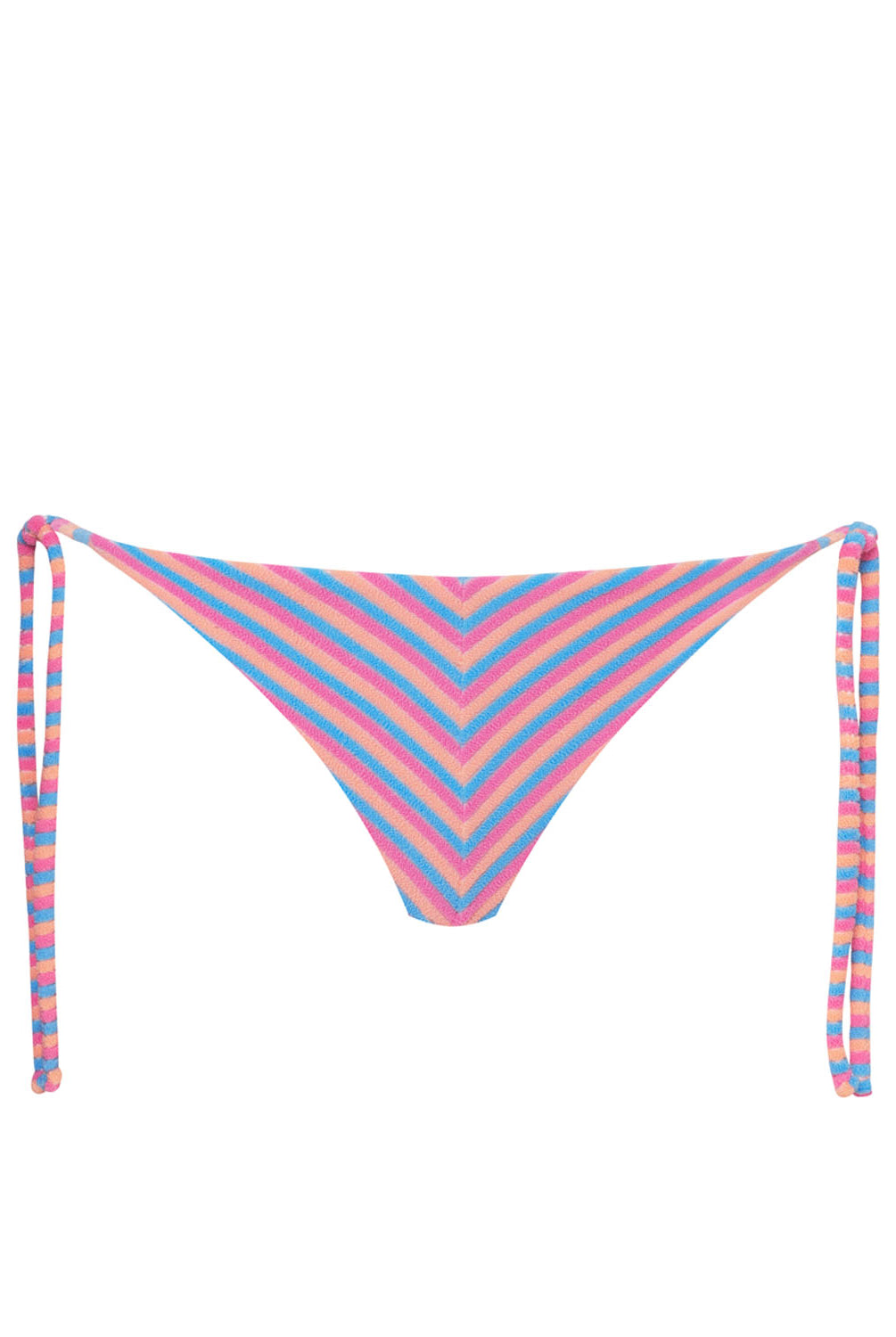 Striped bikini bottoms against a white wall.
