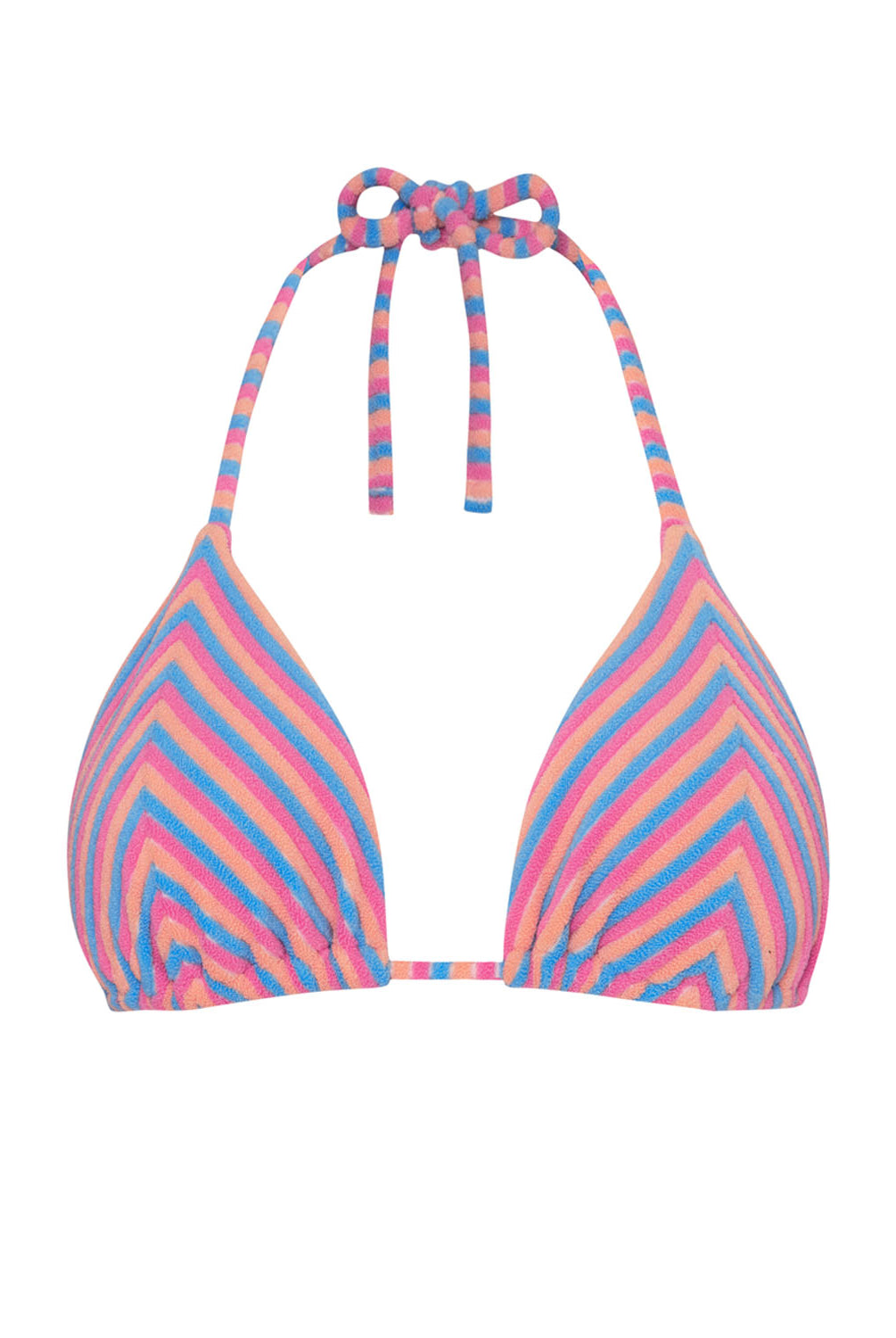 A striped bikini top against a white wall.