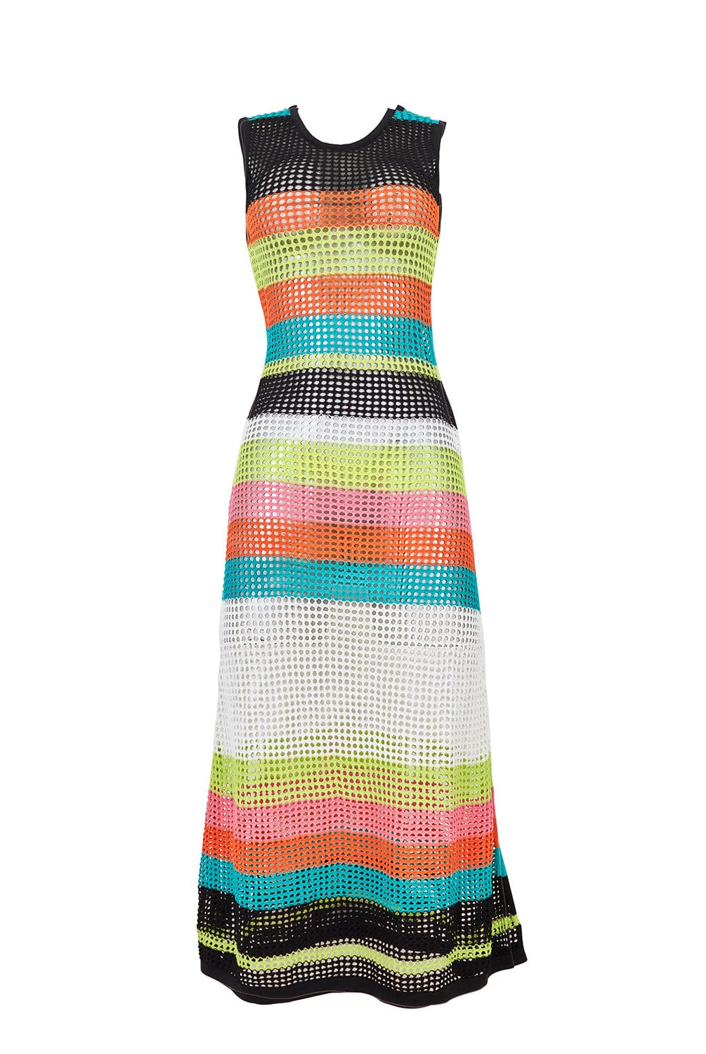 A multi-colored striped full length dress. Featured against a white wall background.
