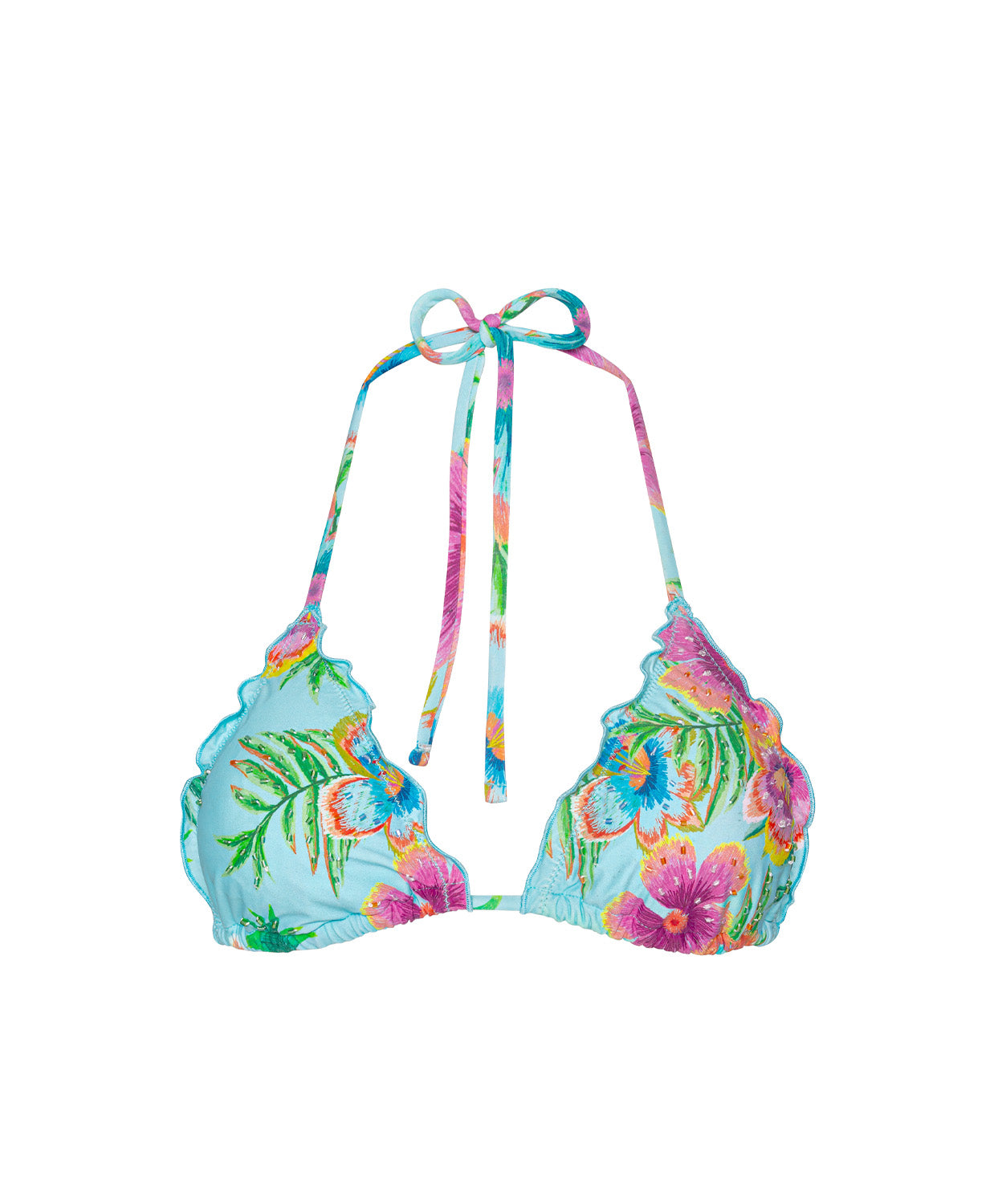 Colorful bikini top with floral design on a white background