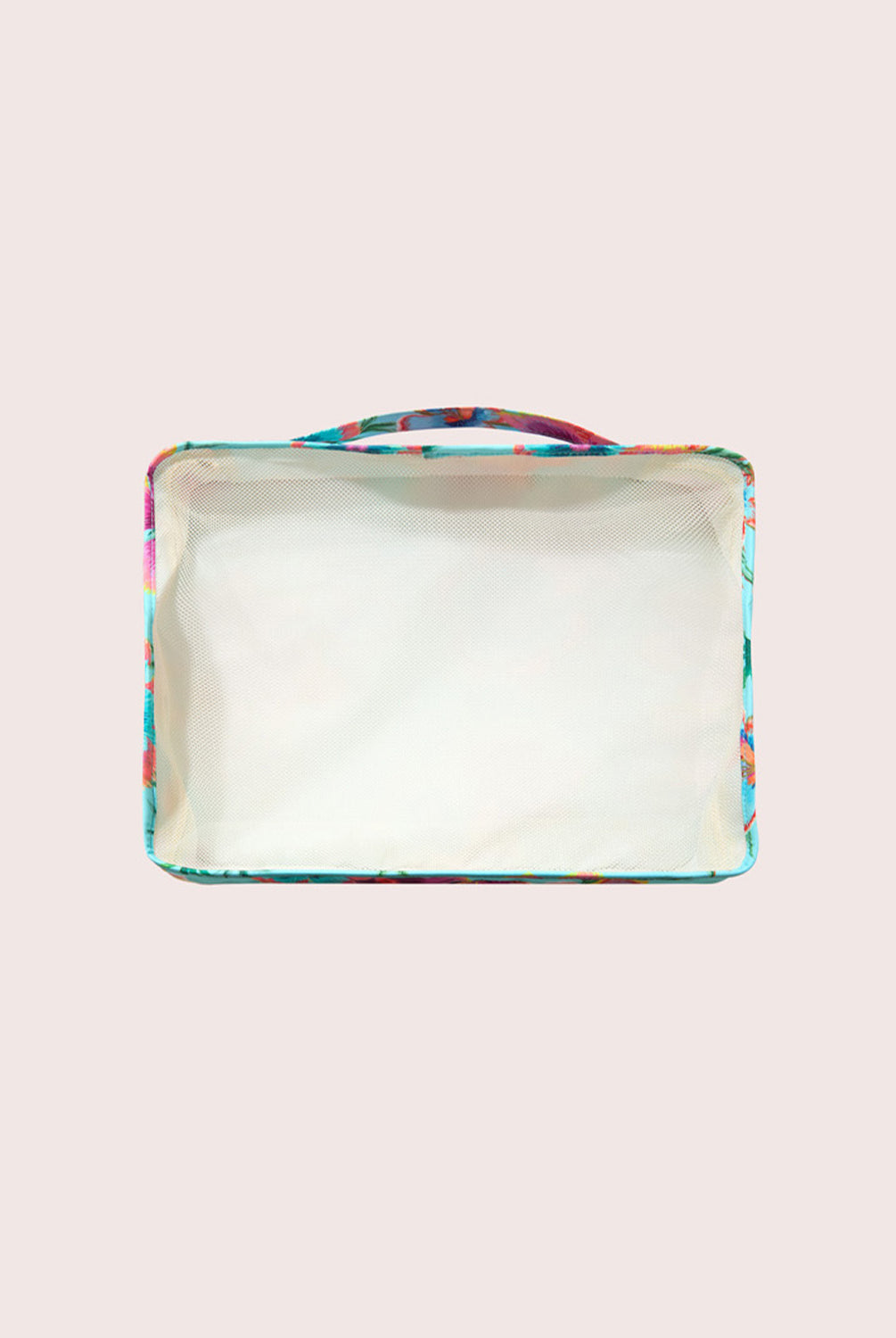 Rectangular packing cube with a colorful handle on a light pink background