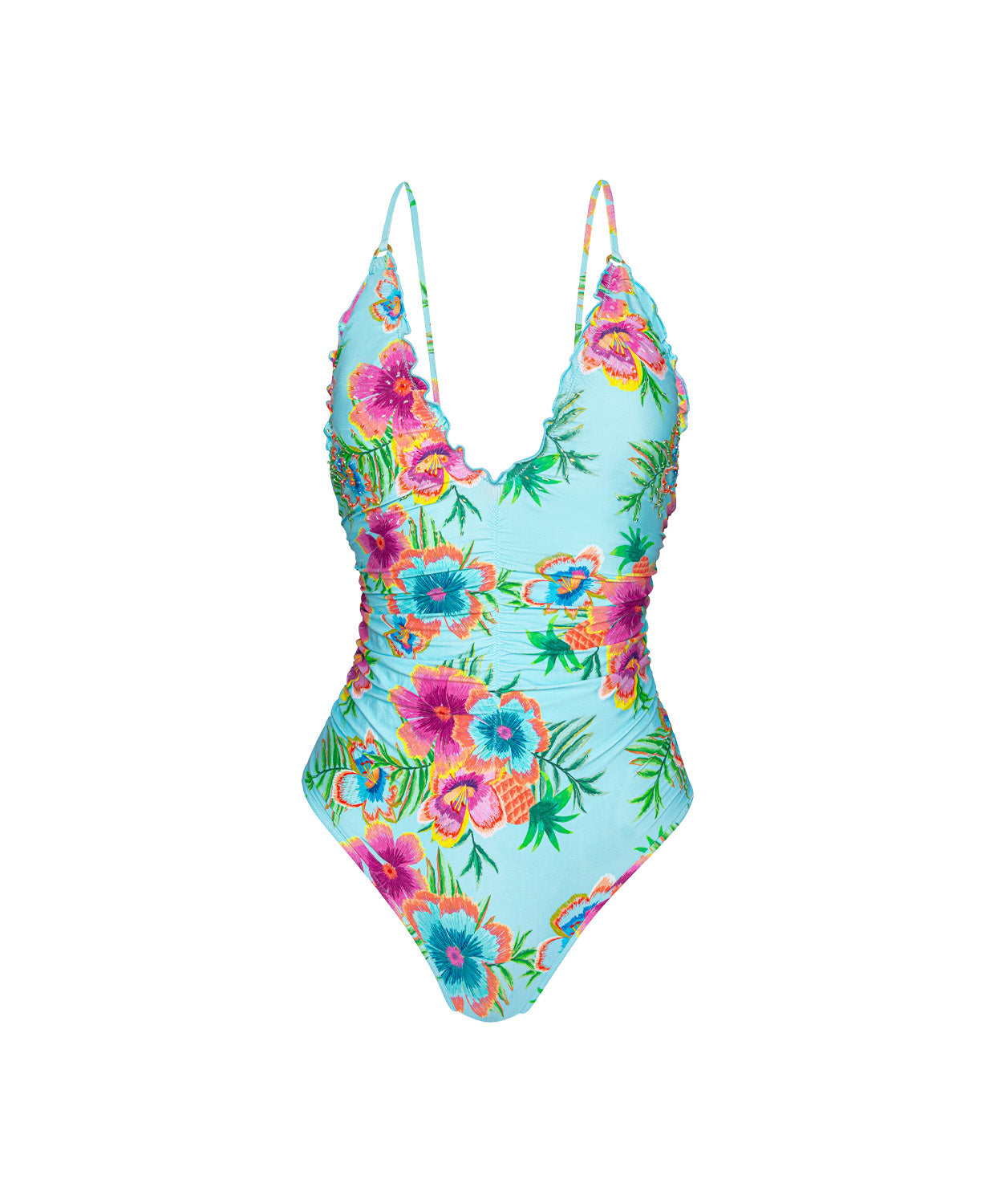 Floral one-piece swimsuit on a white background