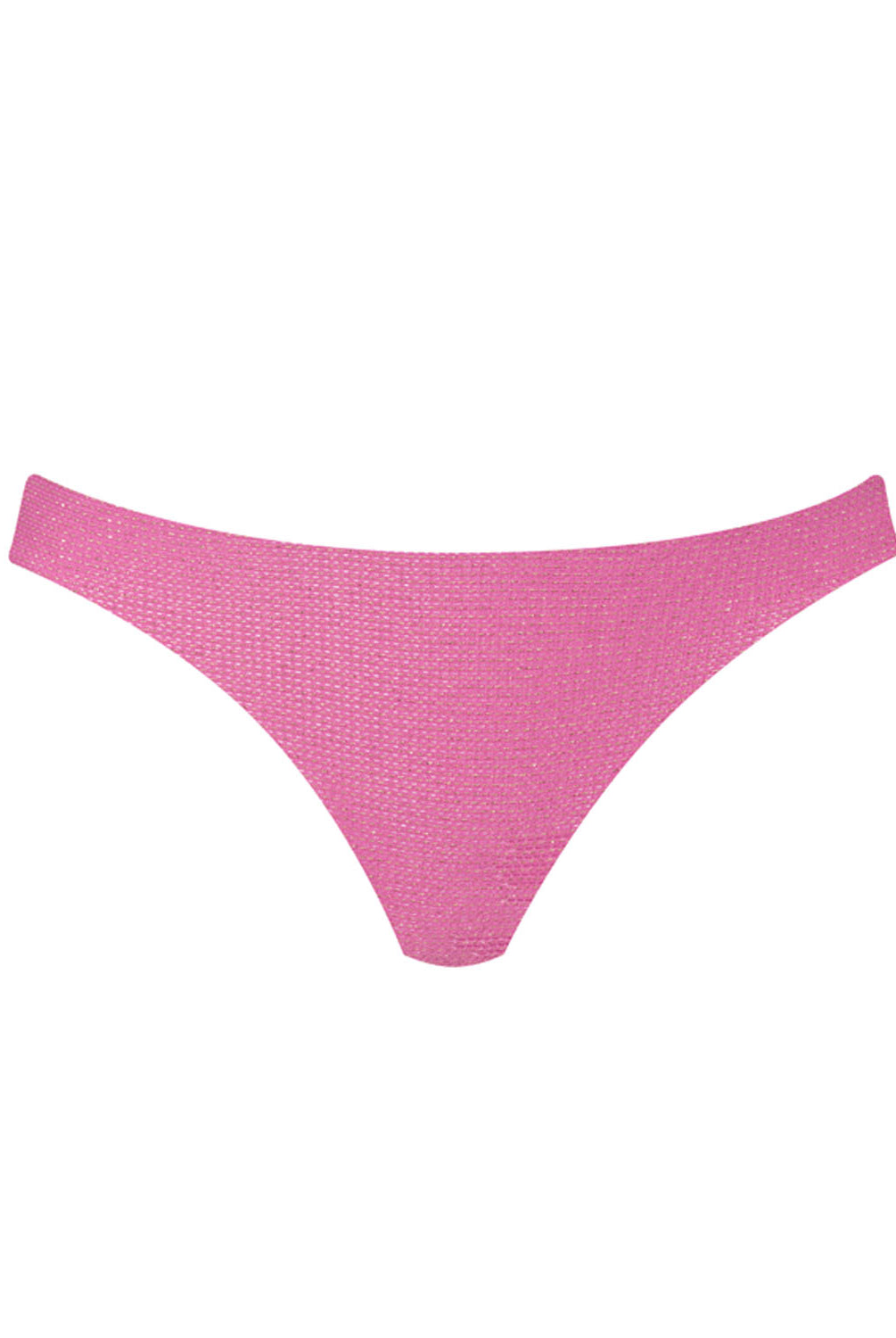 A pink bikini bottom against a white wall background.