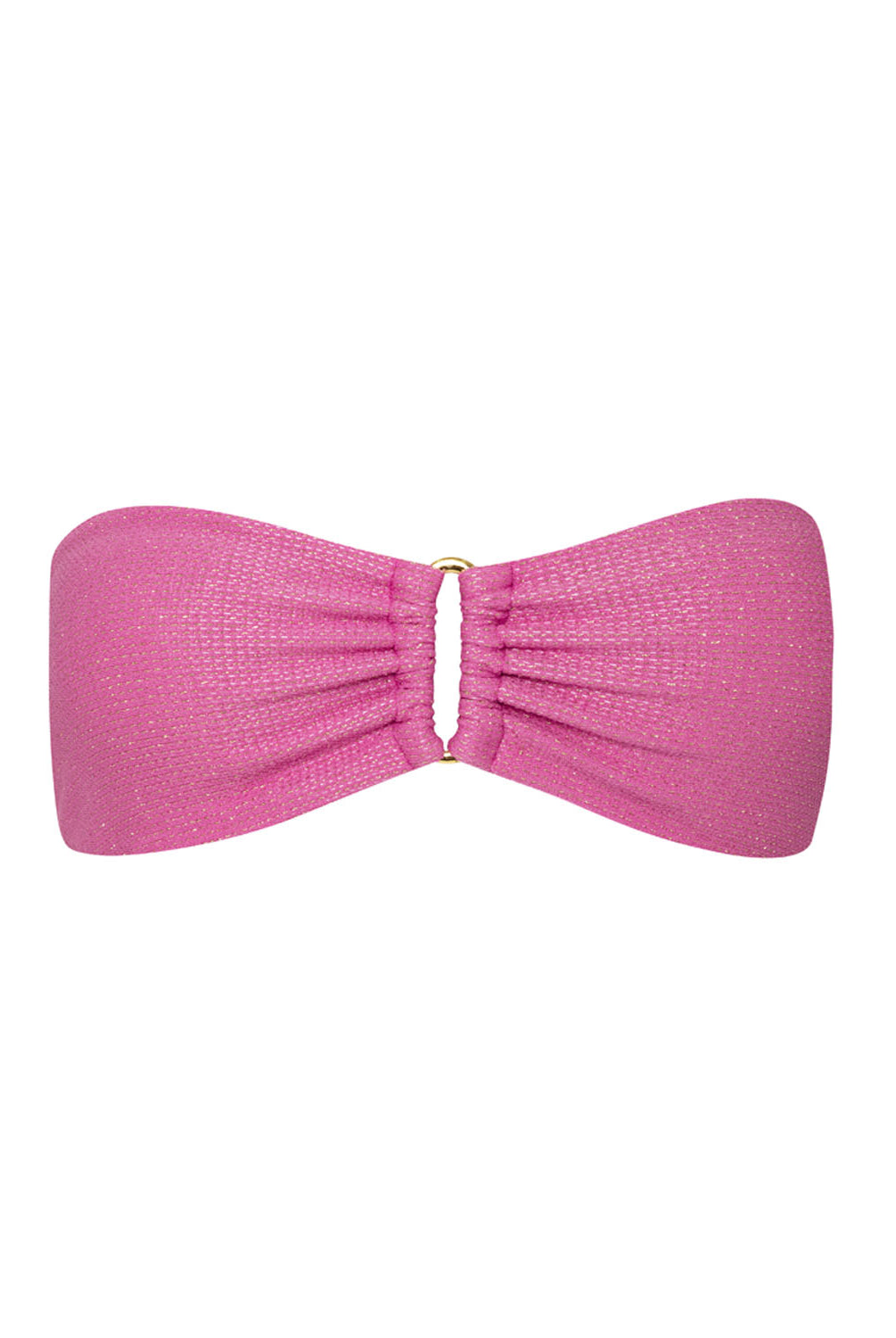 A pink strapless bikini top against a white wall background.