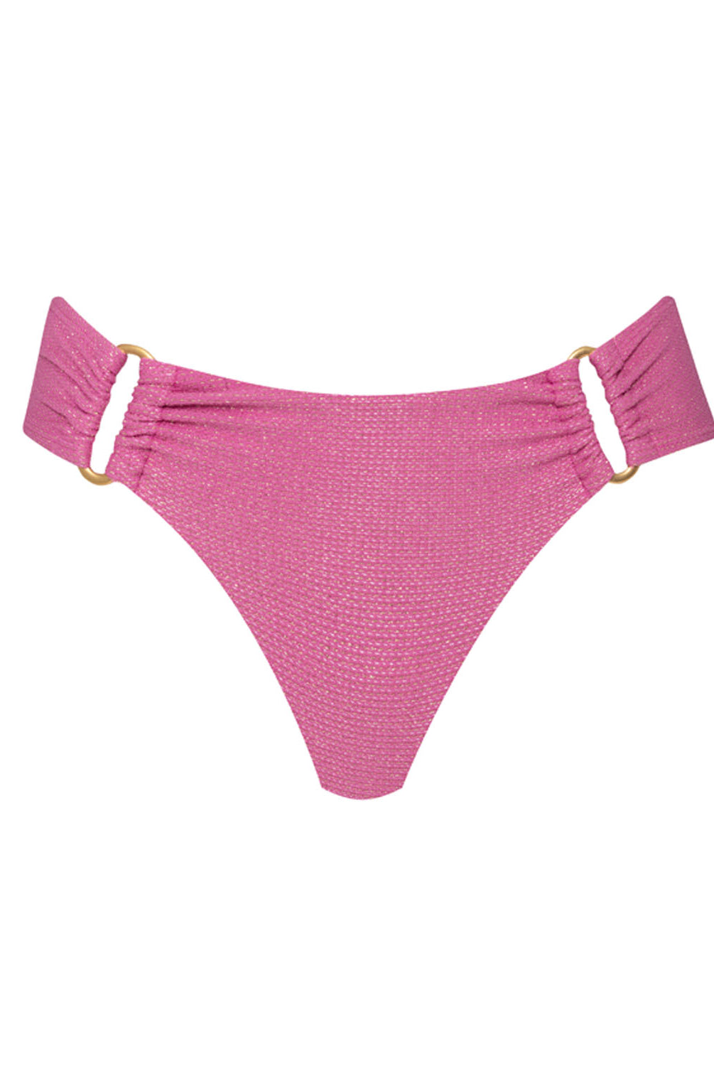 A pink bikini bottom against a white wall background.