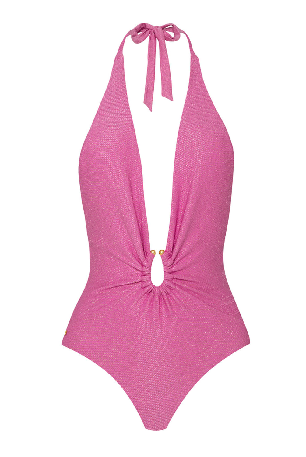 A pink one piece swimsuit against a white wall.