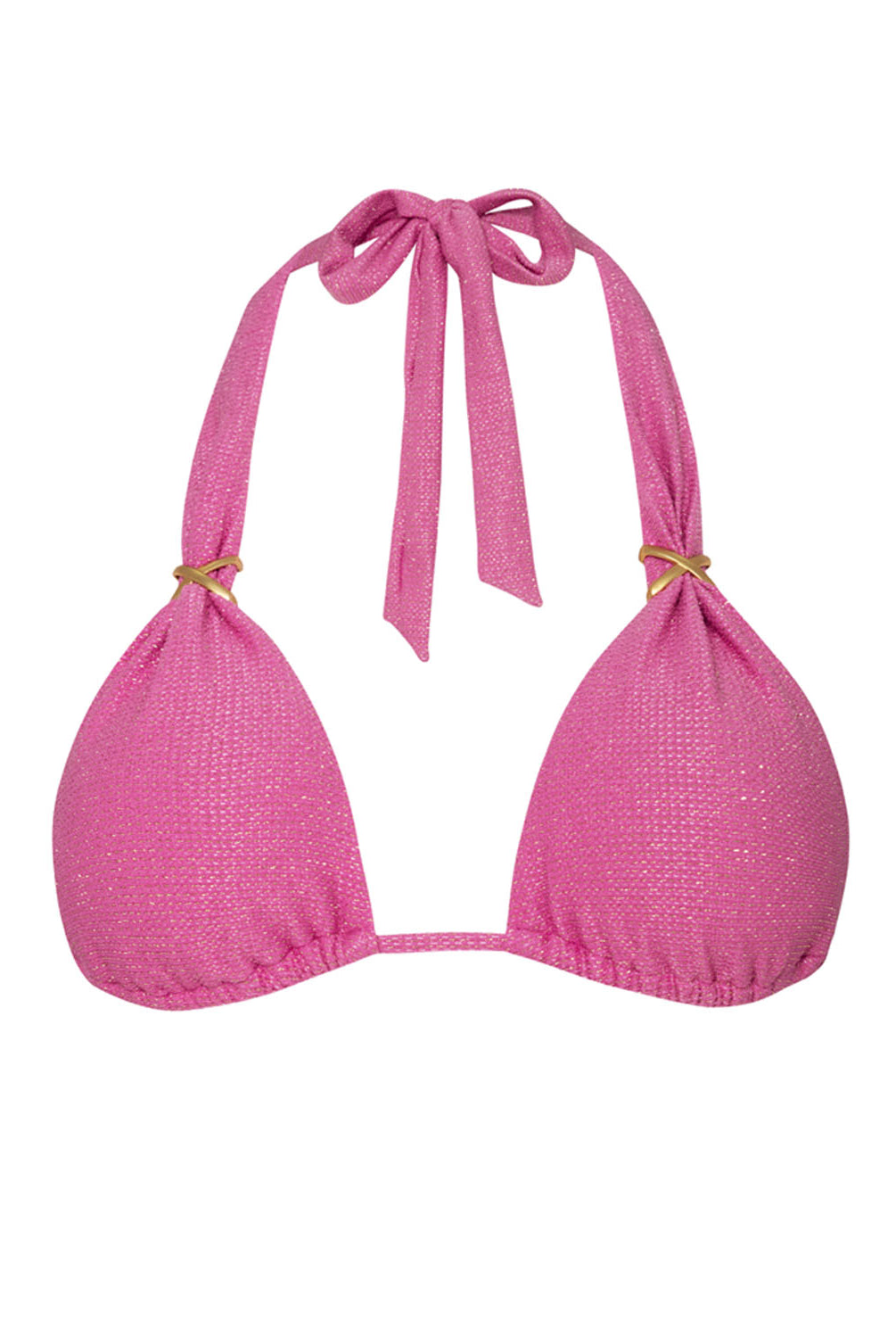 A pink bikini top against a white wall background.