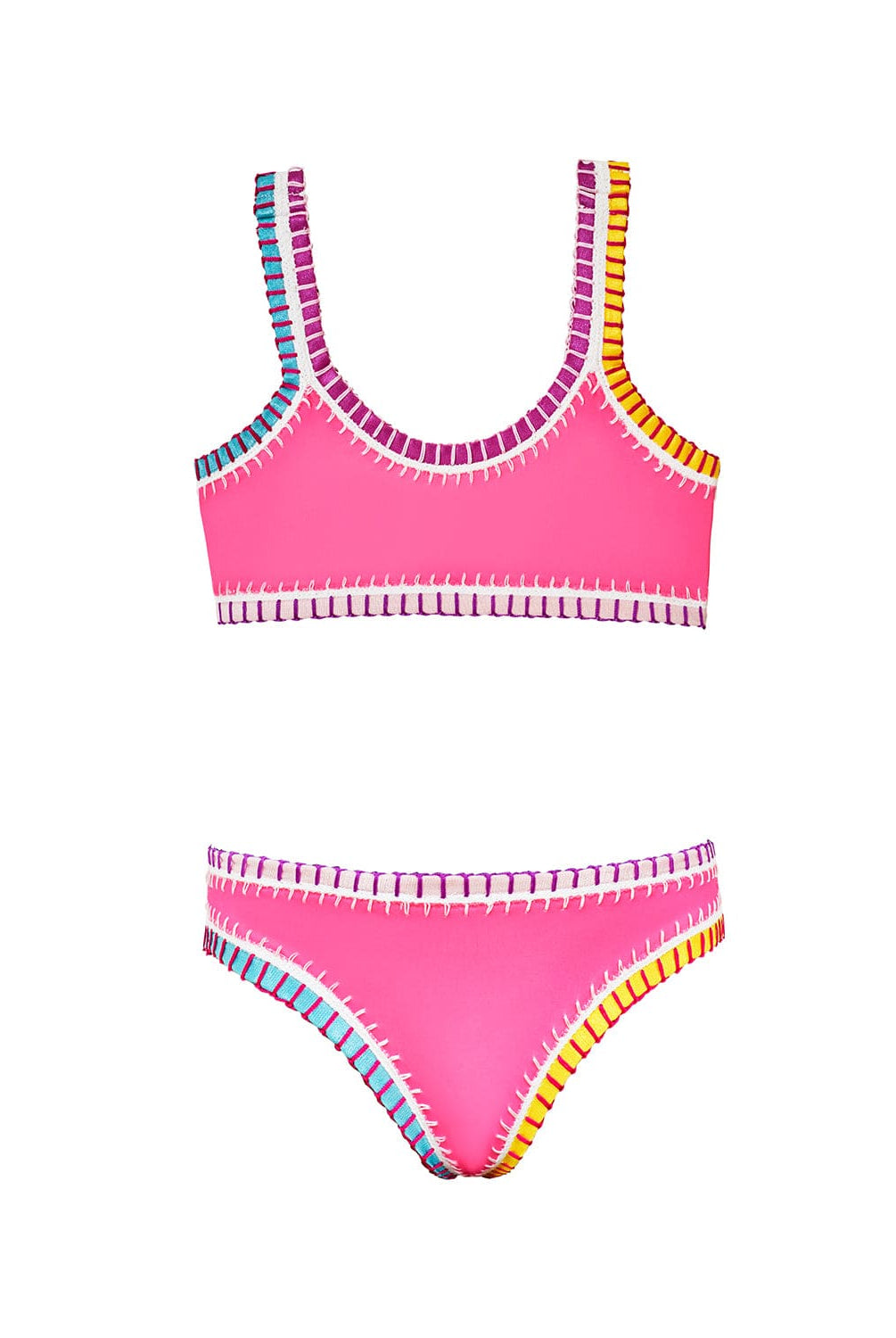 A hot pink bikini with colorful embroidered trim against a white wall.