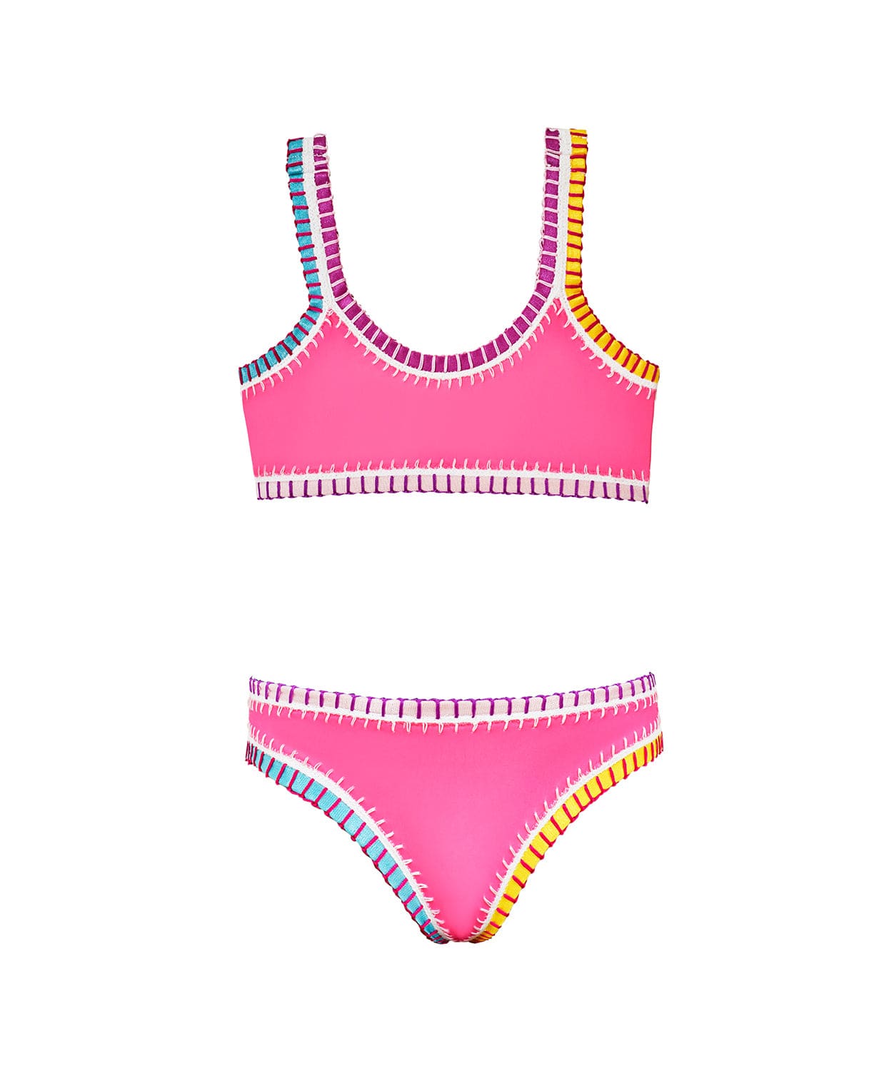 A hot pink bikini with colorful embroidered trim against a white wall.