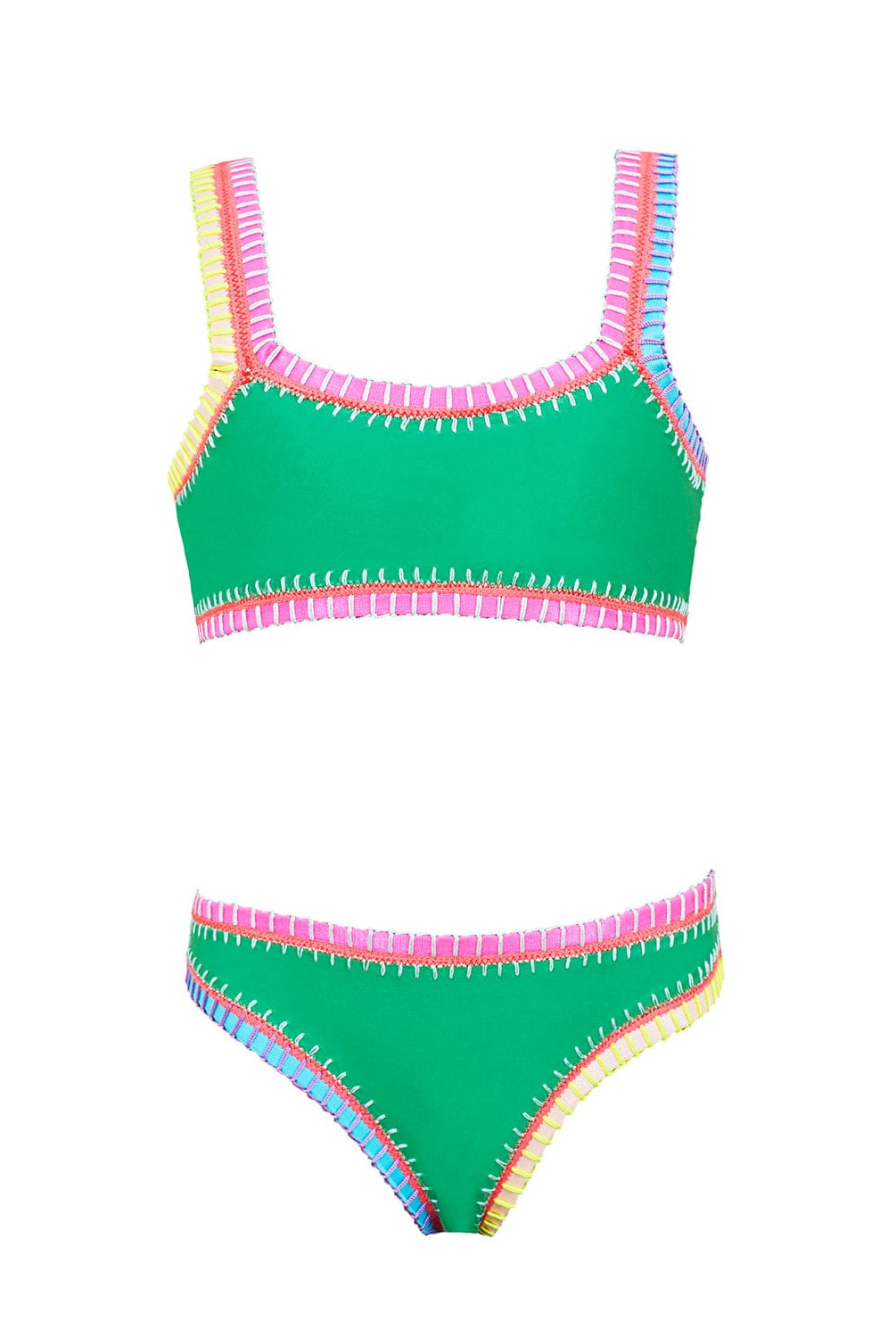 A green kids bikini with colorful embroidery against a white wall.