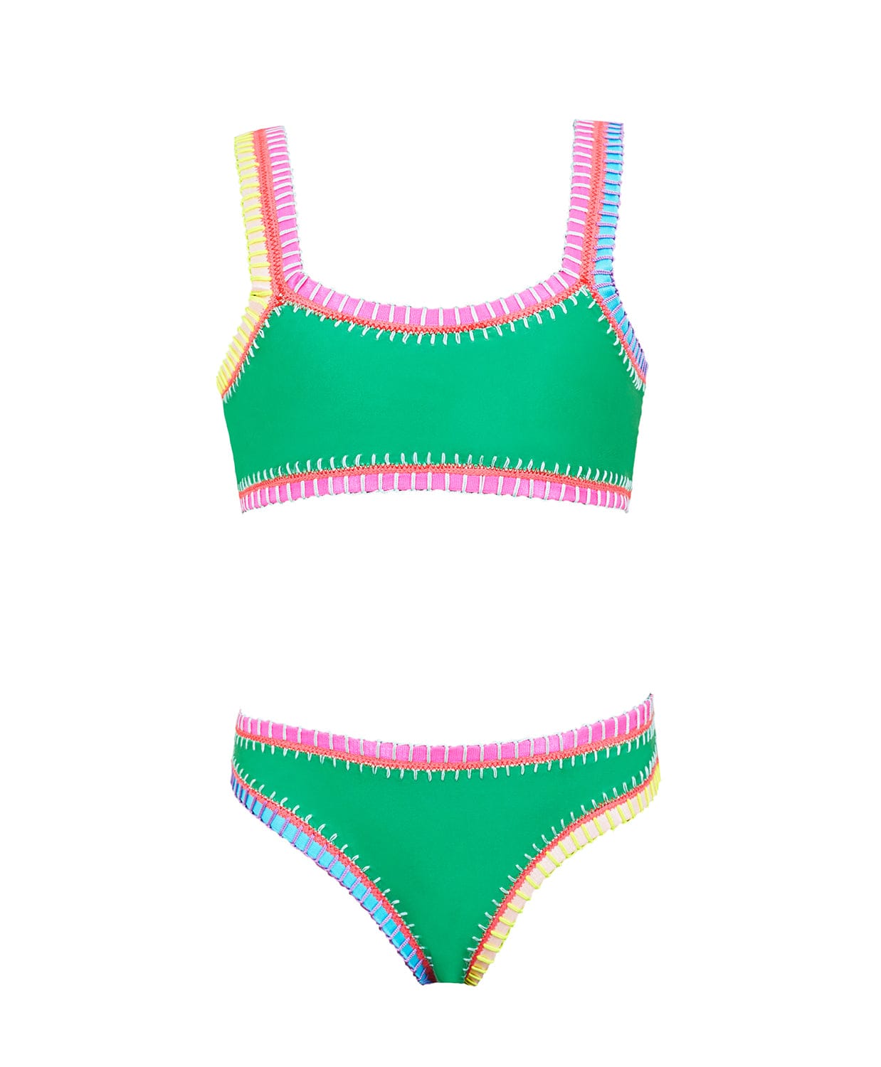 A green kids bikini with colorful embroidery against a white wall.
