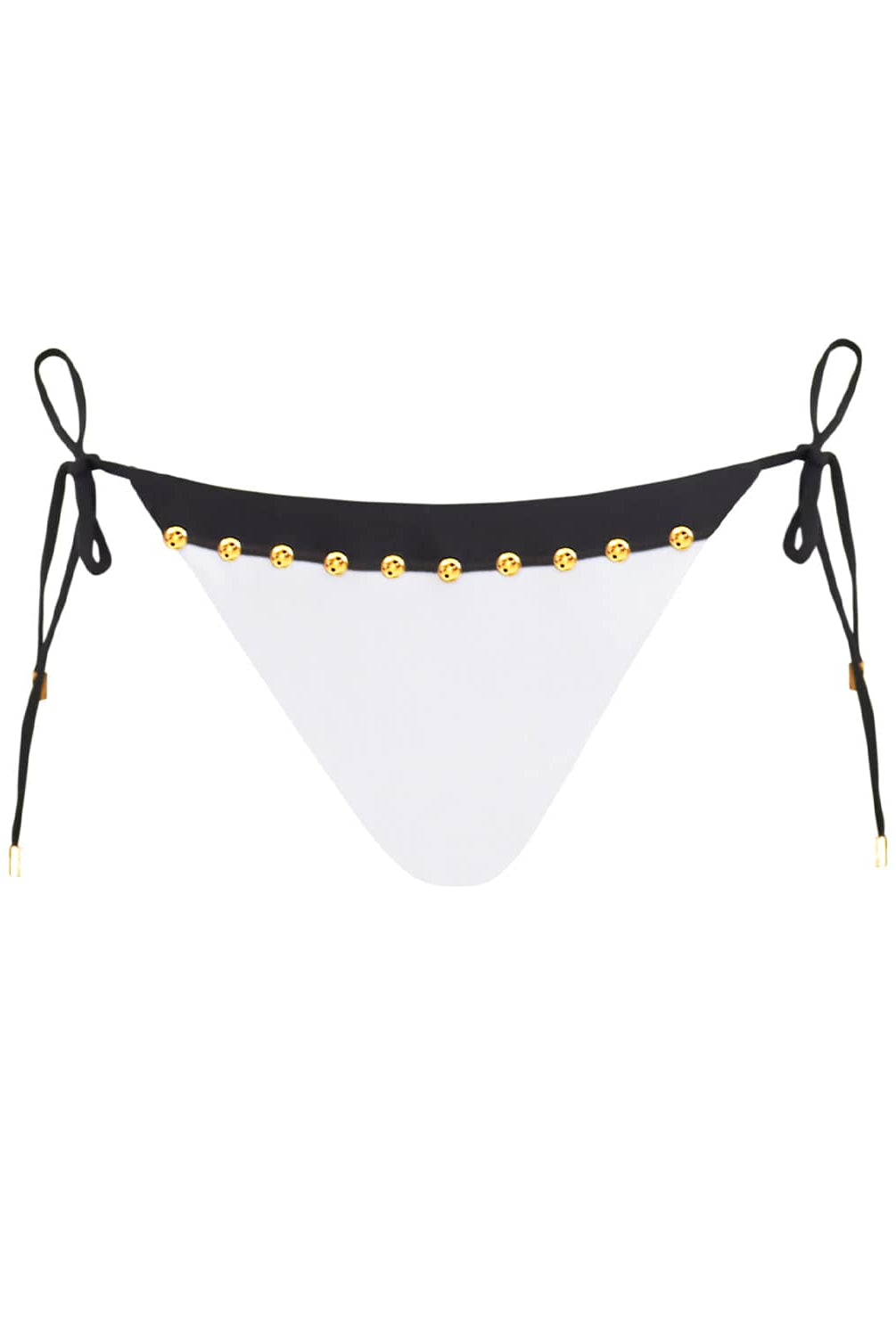 A black and white triangle bikini bottom with stud details. Featured against a white wall background.
