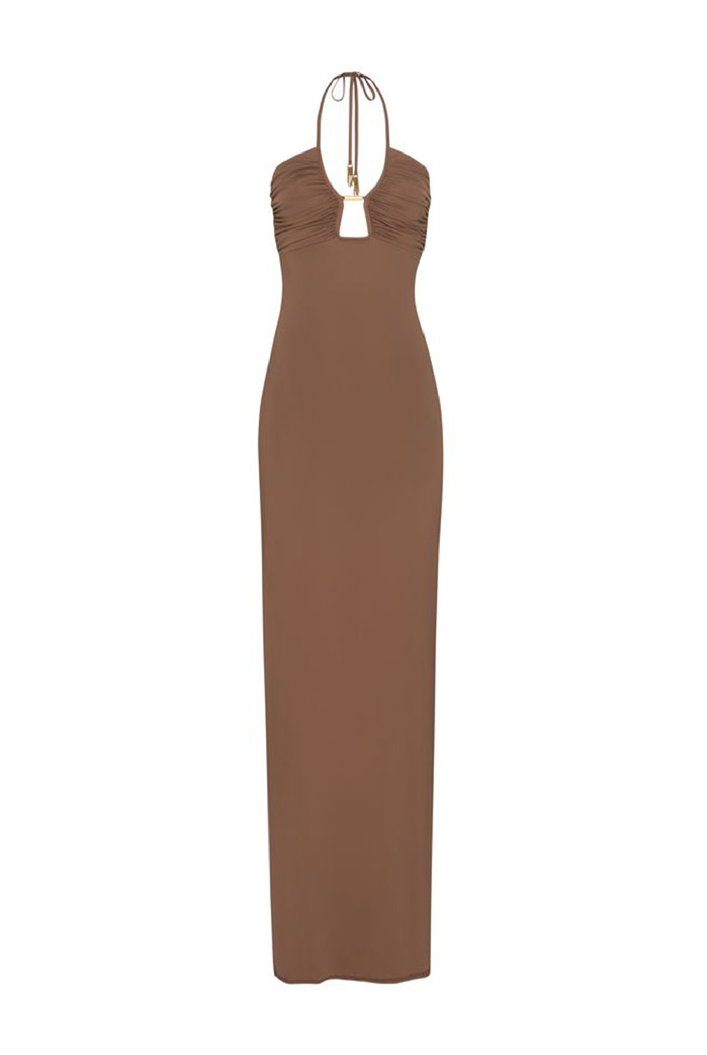 A floor-length halter-neck dress in a solid taupe brown color, displayed against a plain white background.