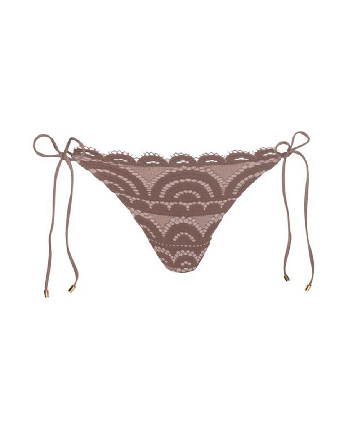Brown lace bikini bottom with side ties and a scalloped pattern, shown flat on a white background.