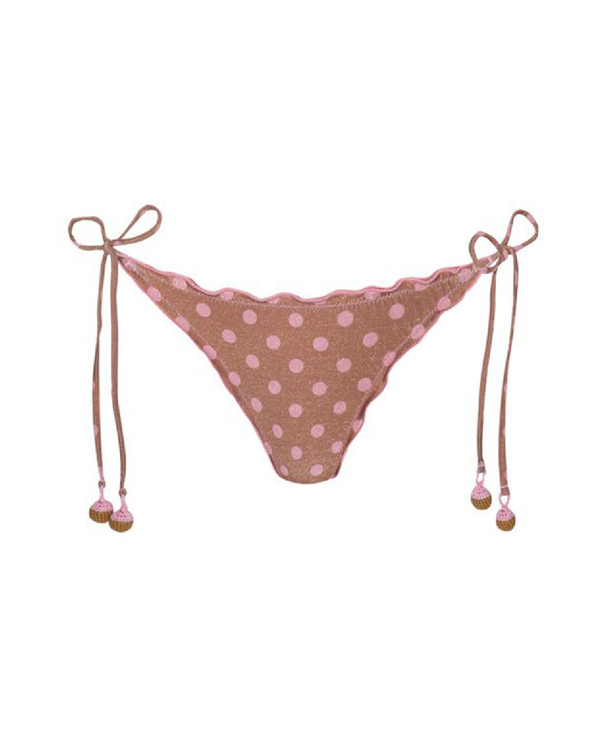 A pink and brown polka dot bikini bottom with a scalloped edge, side tie straps, and small pom-pom details, shown against a plain white background.
