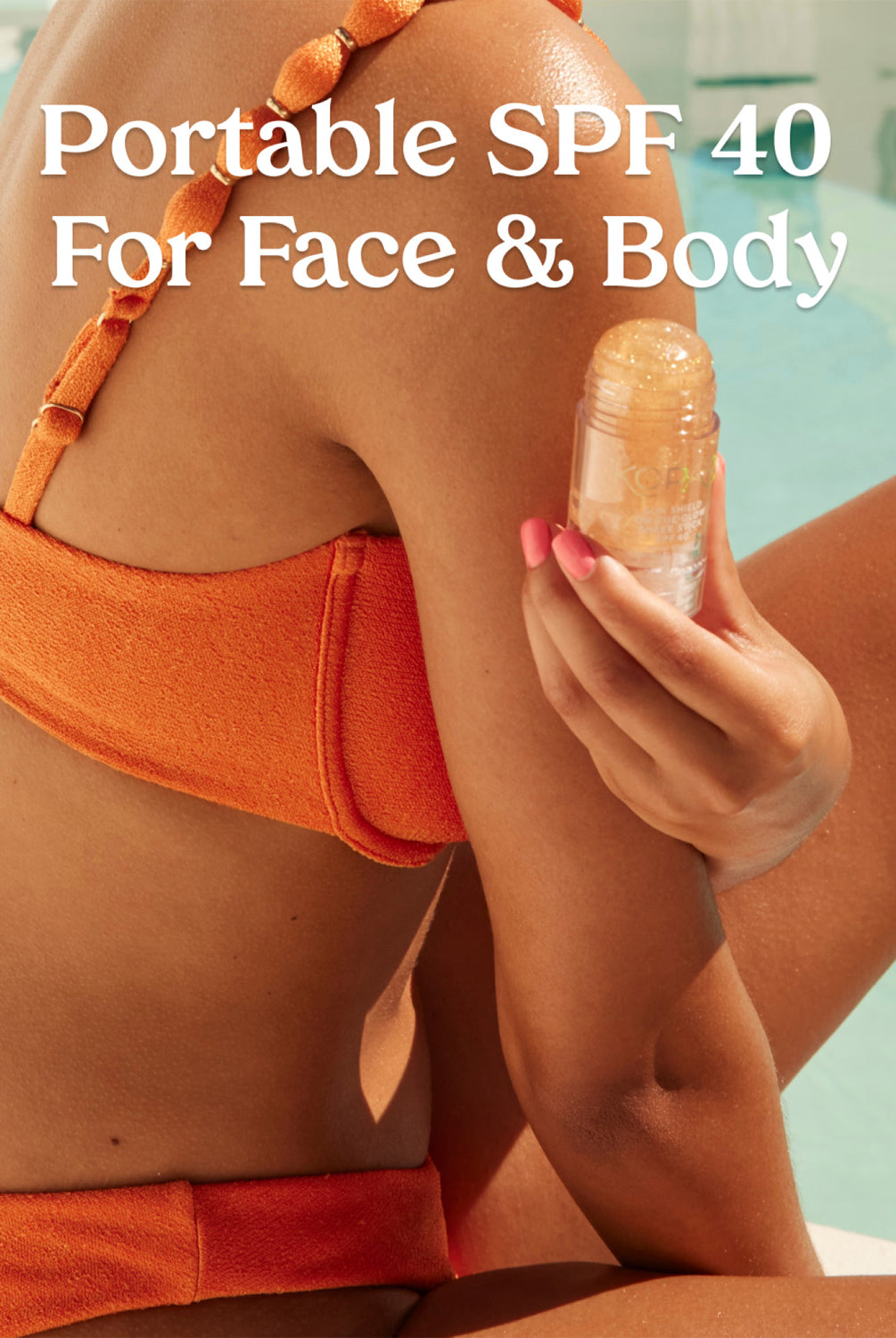 A woman in a bikini holding the sheer stick with text reading "Portable SPF 40 For Face & Body."