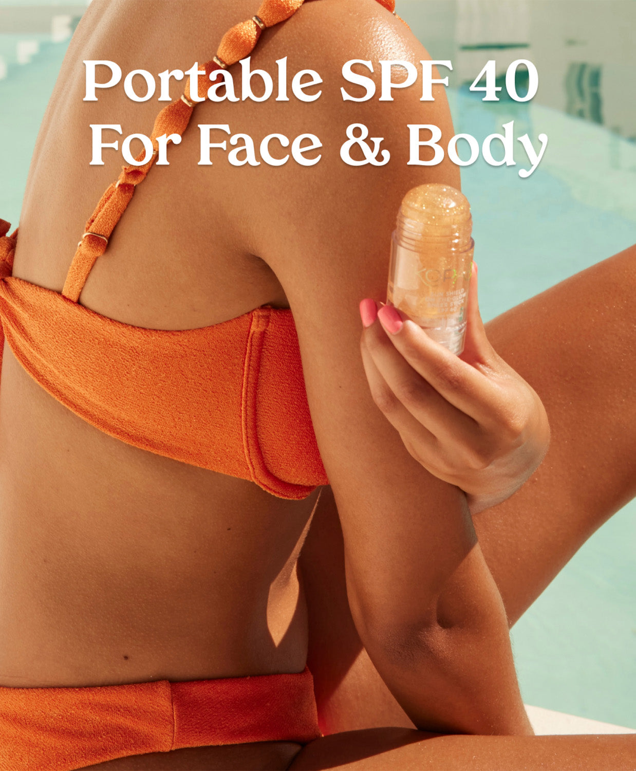 A woman in a bikini holding the sheer stick with text reading "Portable SPF 40 For Face & Body."