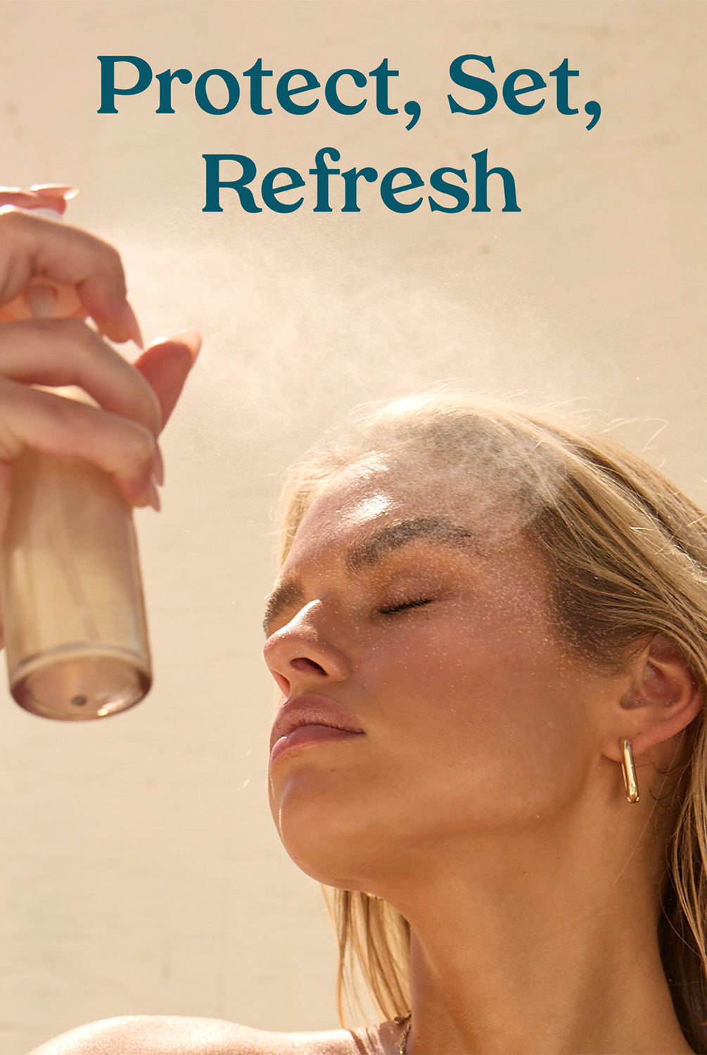 A woman spraying the Kopari Sun Shield on her face with the text "Protect, Set, Refresh" above.