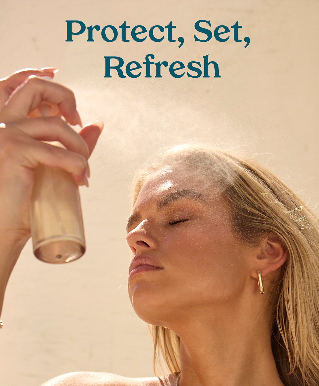 A woman spraying the Kopari Sun Shield on her face with the text "Protect, Set, Refresh" above.