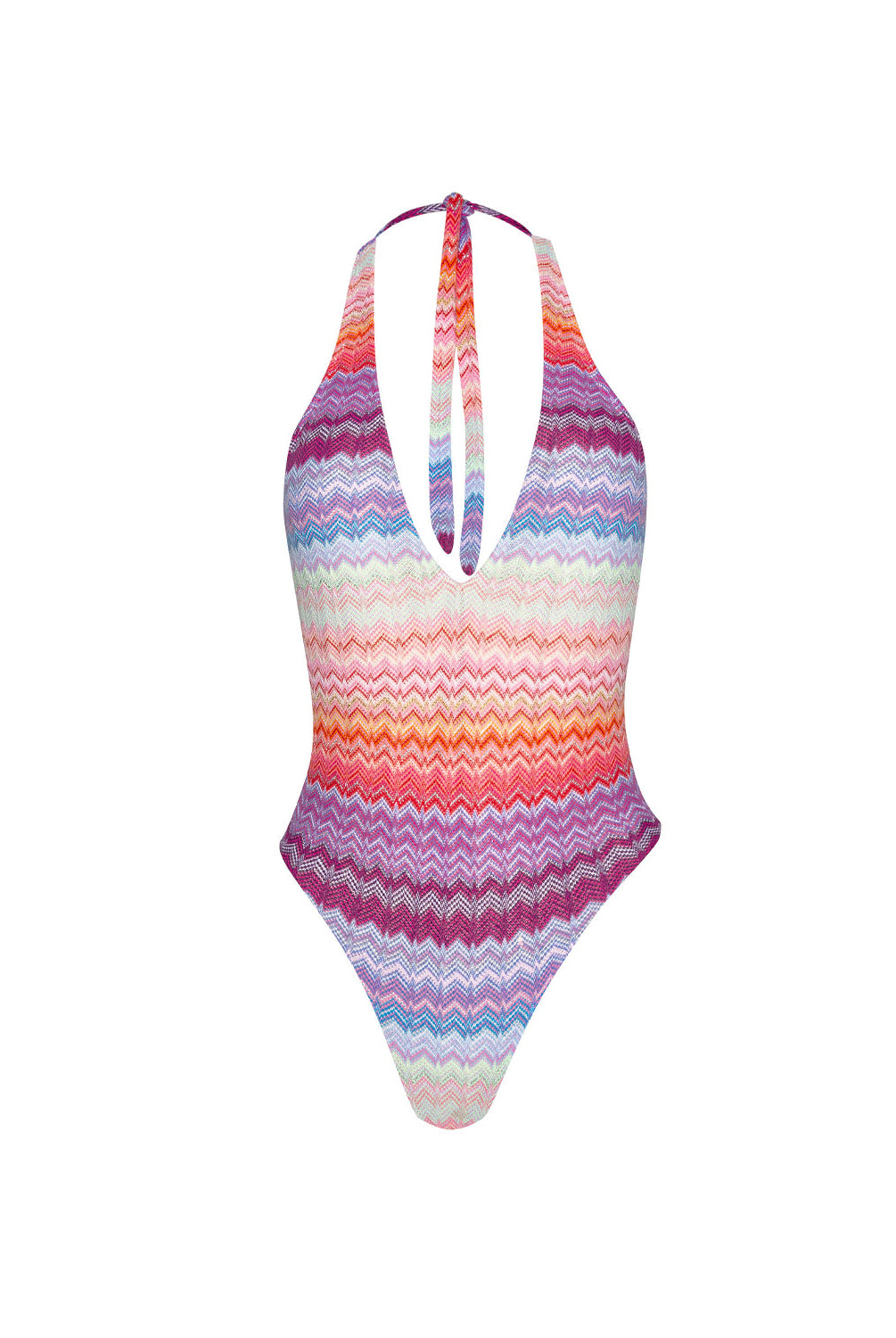 Sunkissed Remi One Piece in multicolor shimmering chevron fabric with halter tie, plunging neckline, and low back.