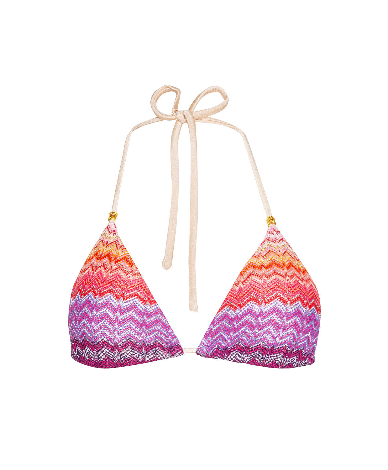Sunkissed Triangle Top in vibrant multicolor chevron print with subtle shimmer, 24k gold-dipped accents, and adjustable tie straps.