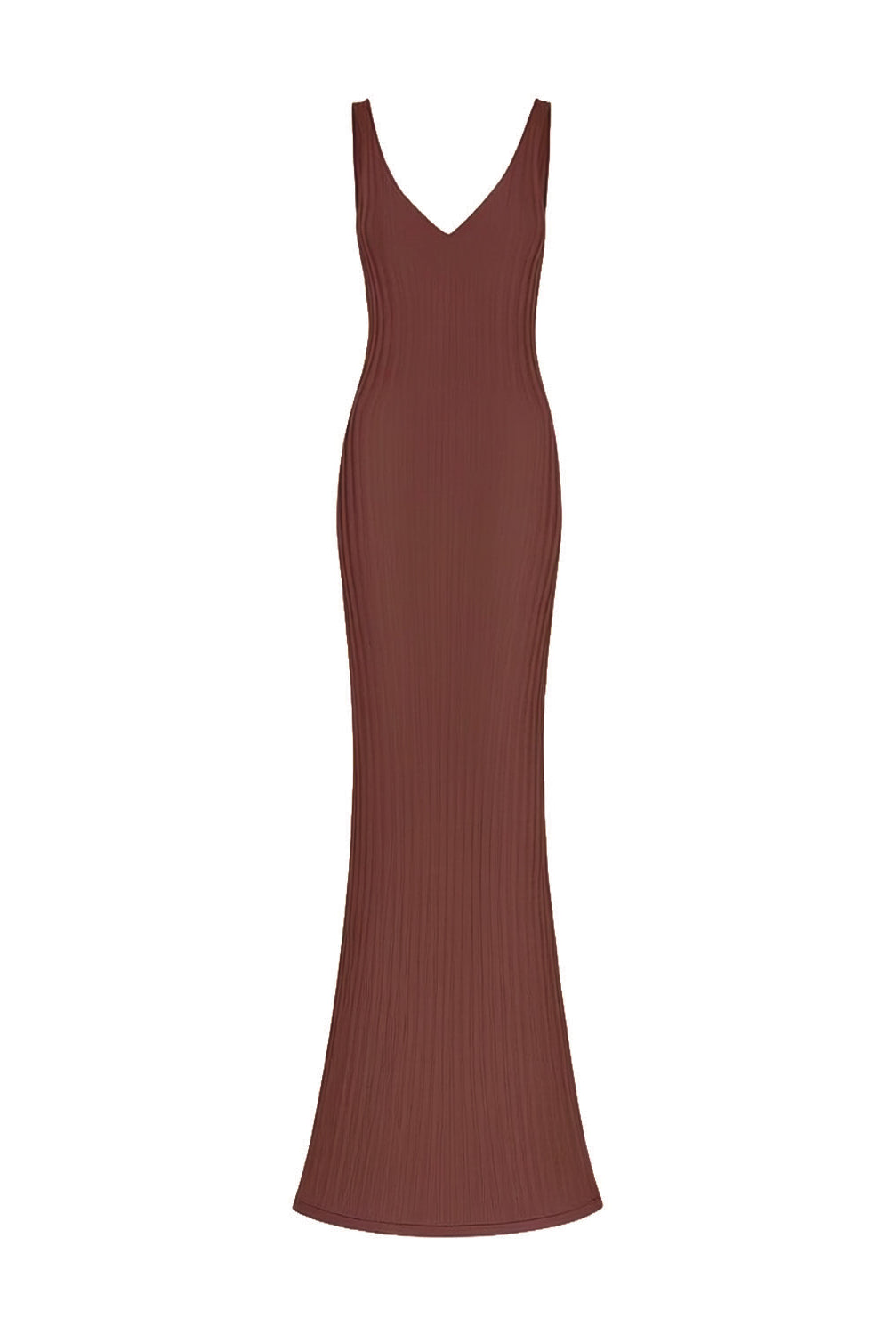 A ribbed knit sleeveless maxi dress in a muted reddish-brown color, featuring a V-neckline, shown against a plain white background.