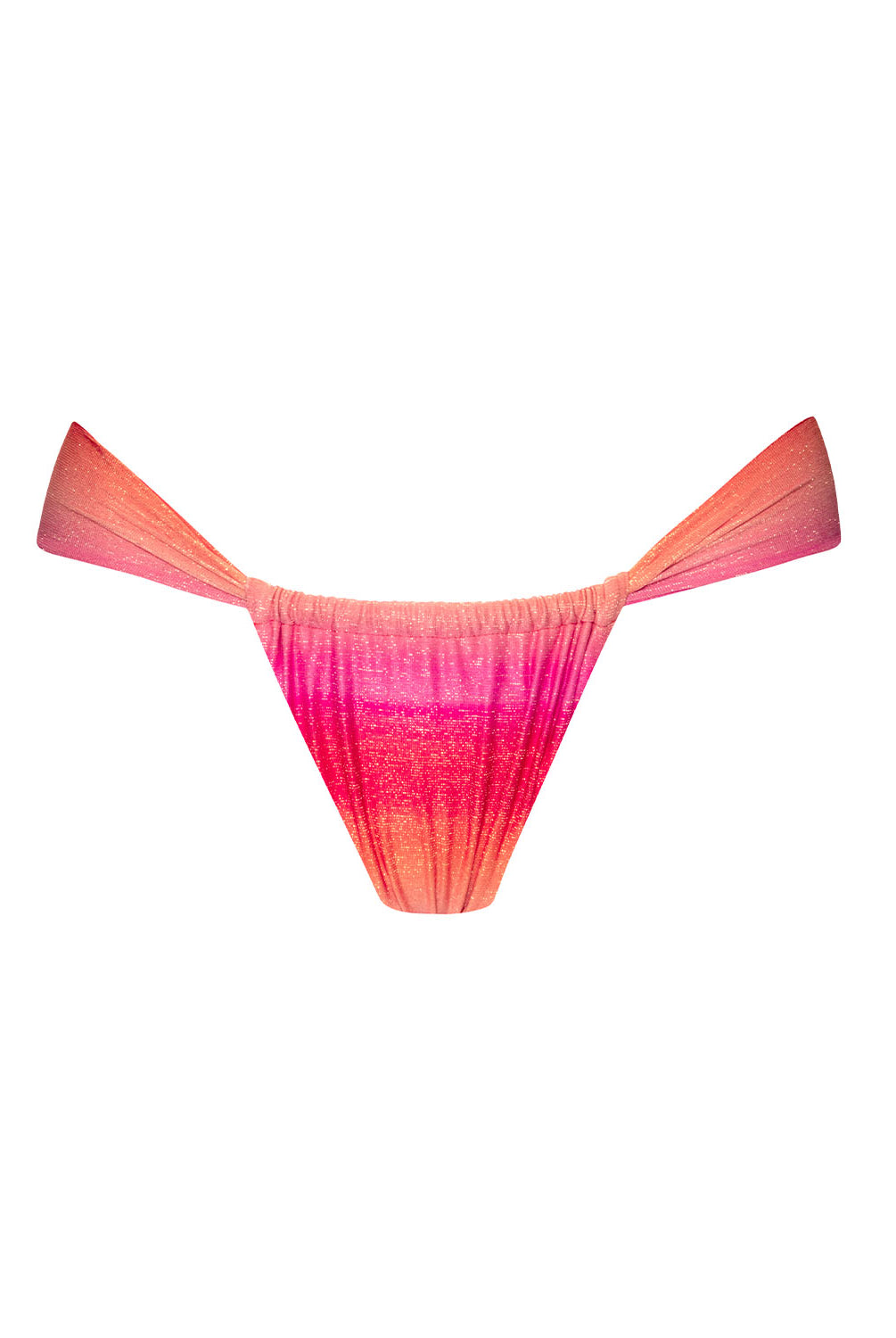A multi colored bikini bottom against a white wall.