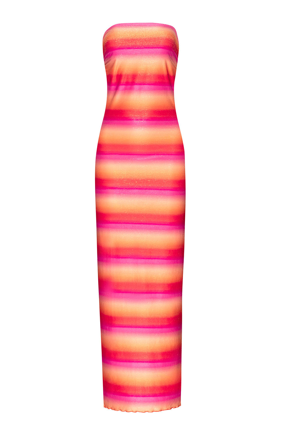 A tube top dress with red, pink, and orange stripes against a white wall.