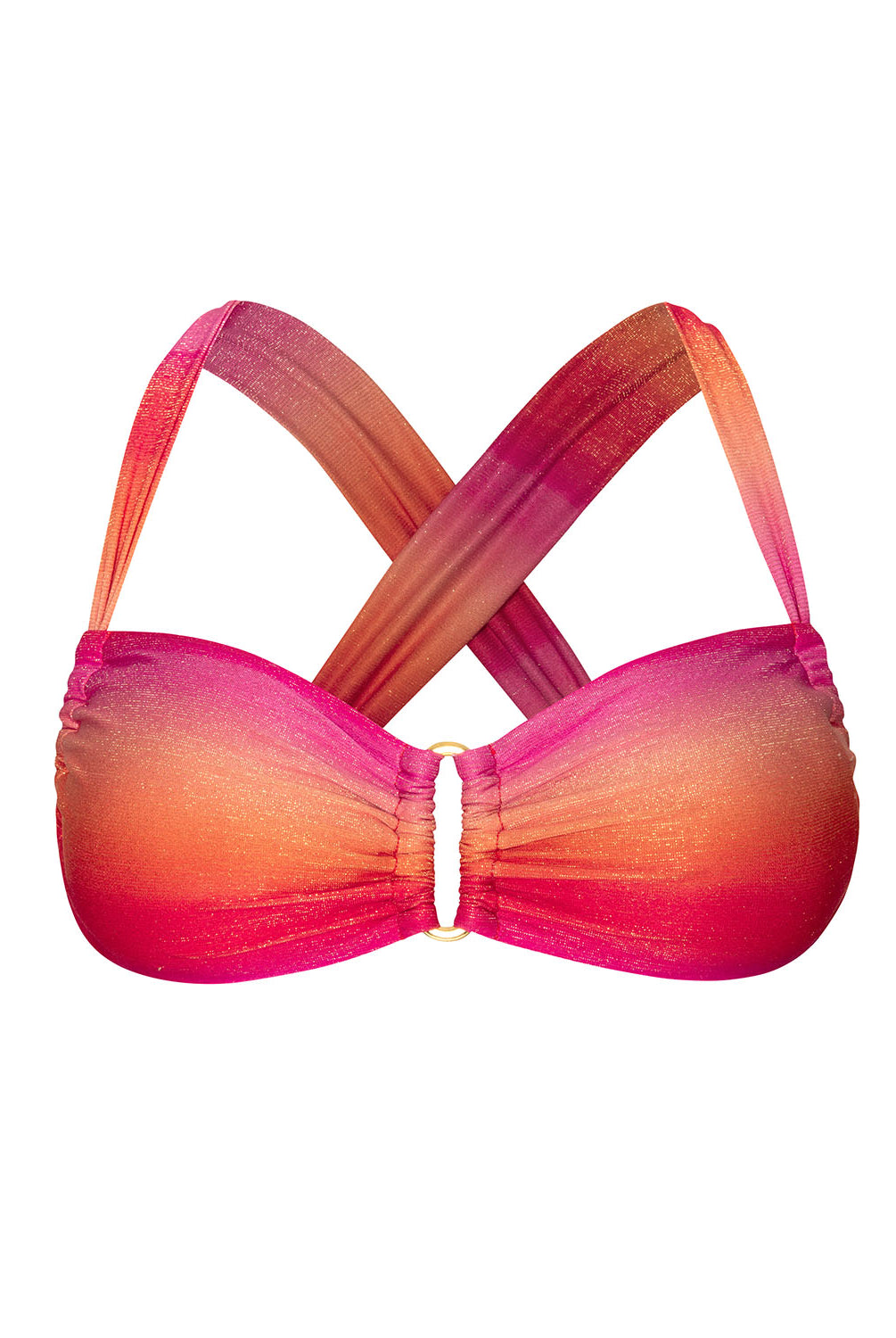 A red and pink bikini top with crossed straps against a white wall.