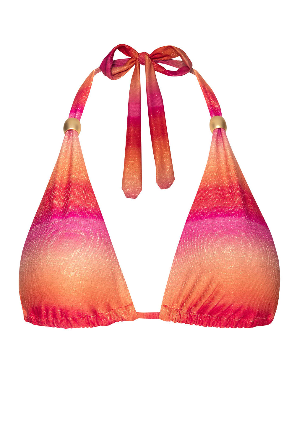 A multi colored triangle top bikini against a white wall.
