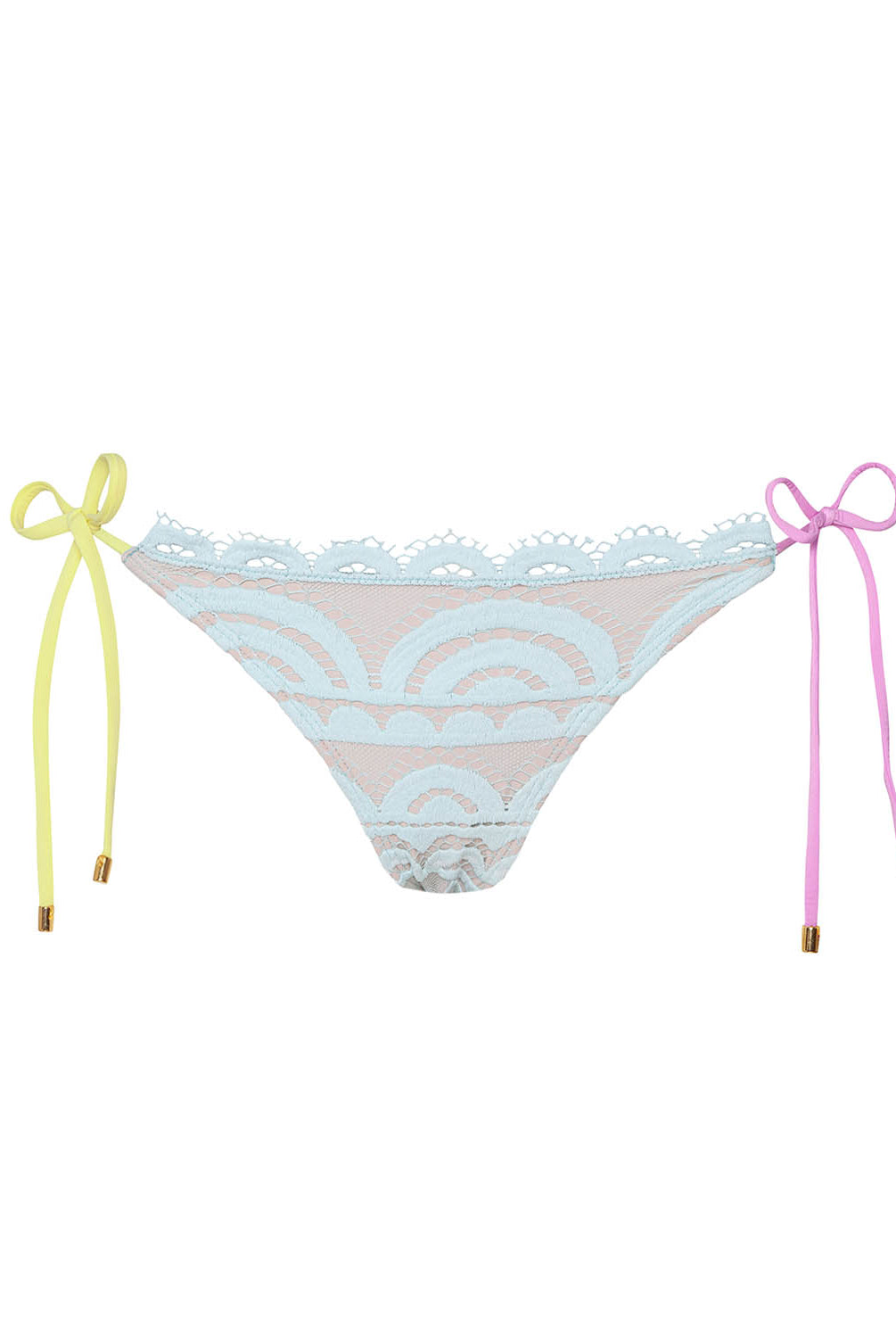 Bikini bottom with lace details and colorful strings on a white background