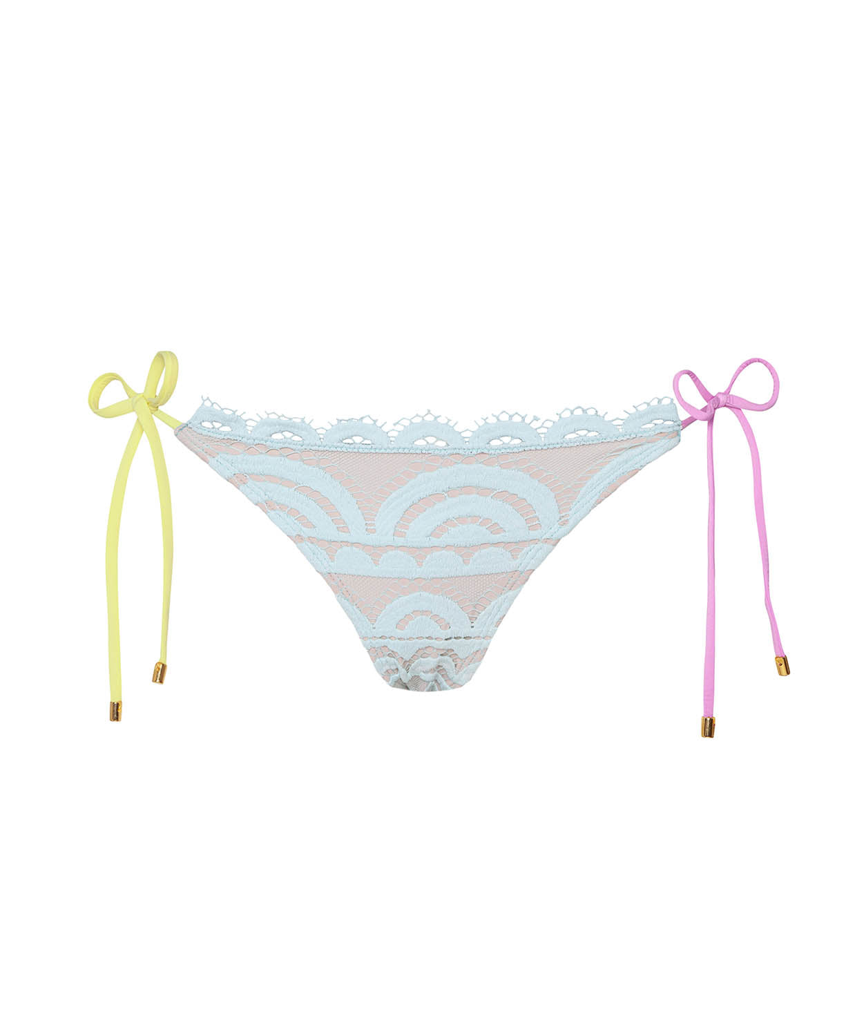 Bikini bottom with lace details and colorful strings on a white background