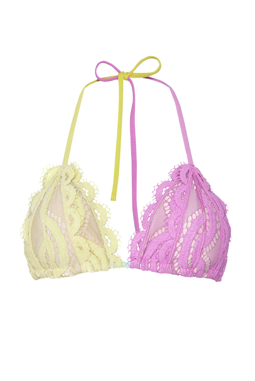 Lace bikini top with yellow and pink straps on a white background