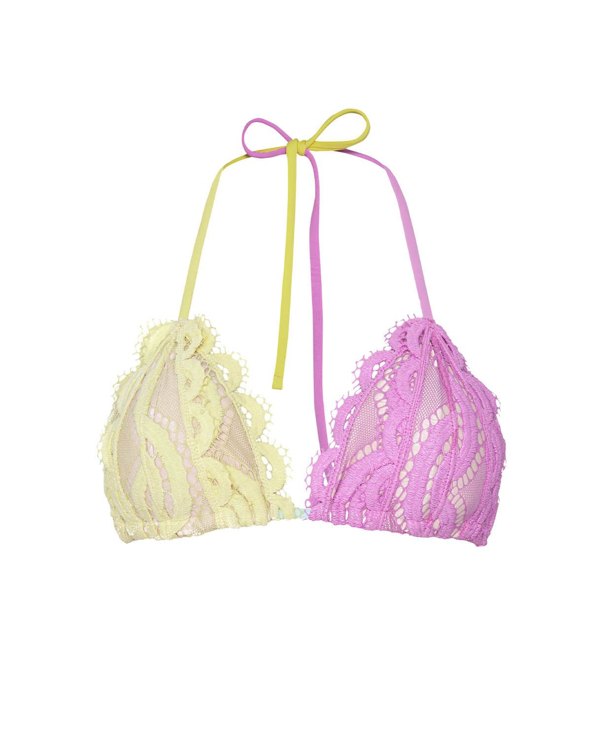 Lace bikini top with yellow and pink straps on a white background