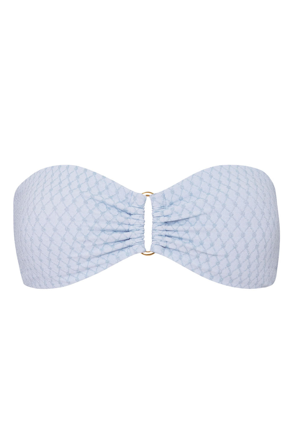 A light blue bandeau bikini top against a white wall.