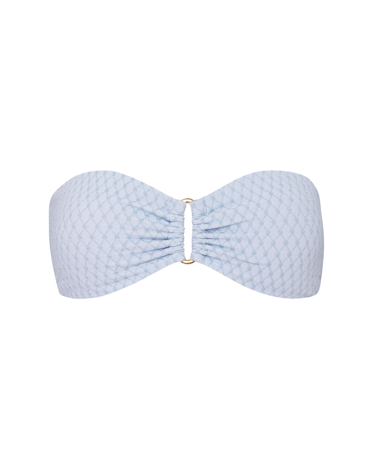 A light blue bandeau bikini top against a white wall.