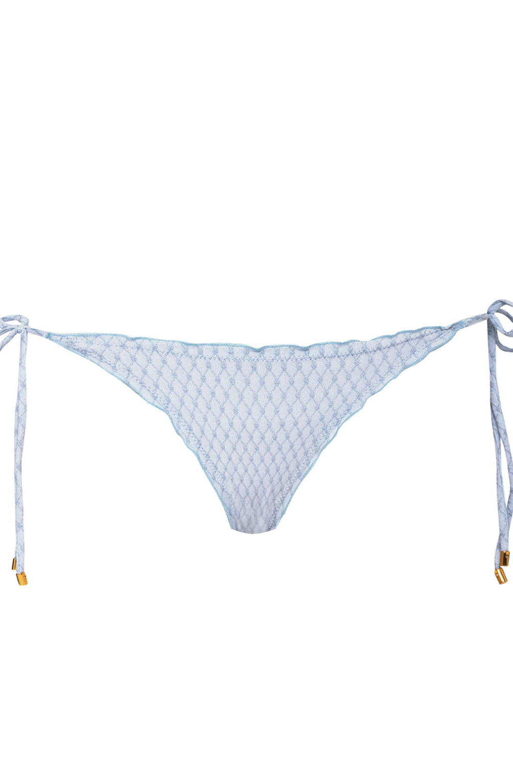 A light blue bikini bottom with tie sides against a white wall.