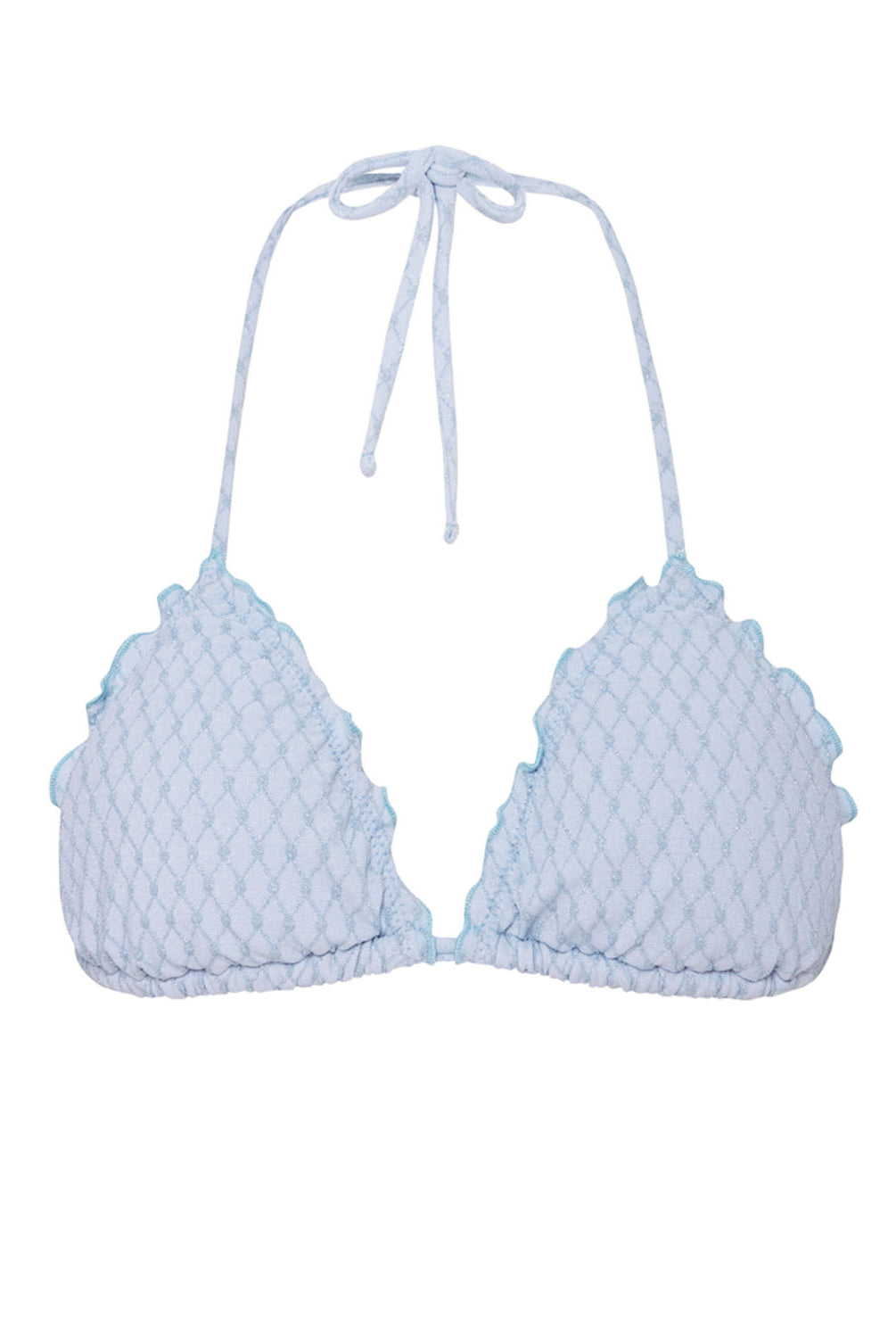 A light blue triangle bikini top against a white wall.