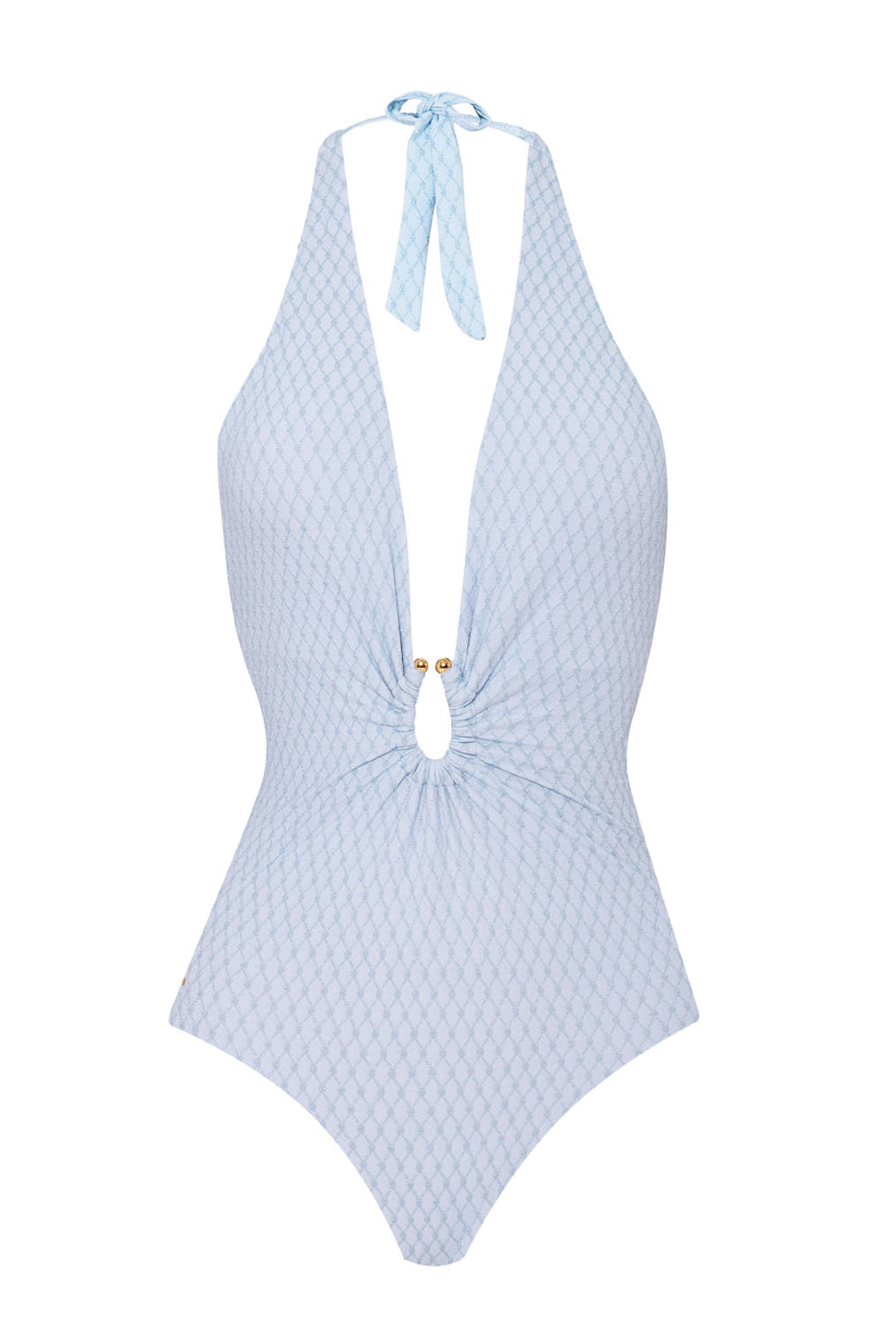 A light blue one piece swimsuit against a white wall.