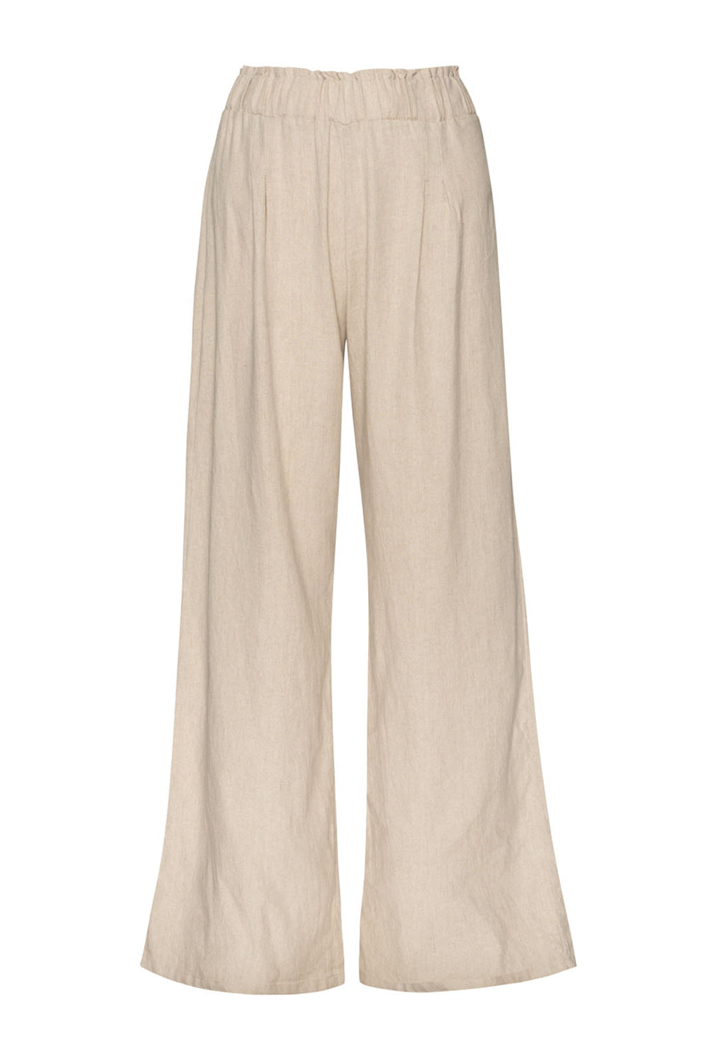 Long tan pants against a white wall.