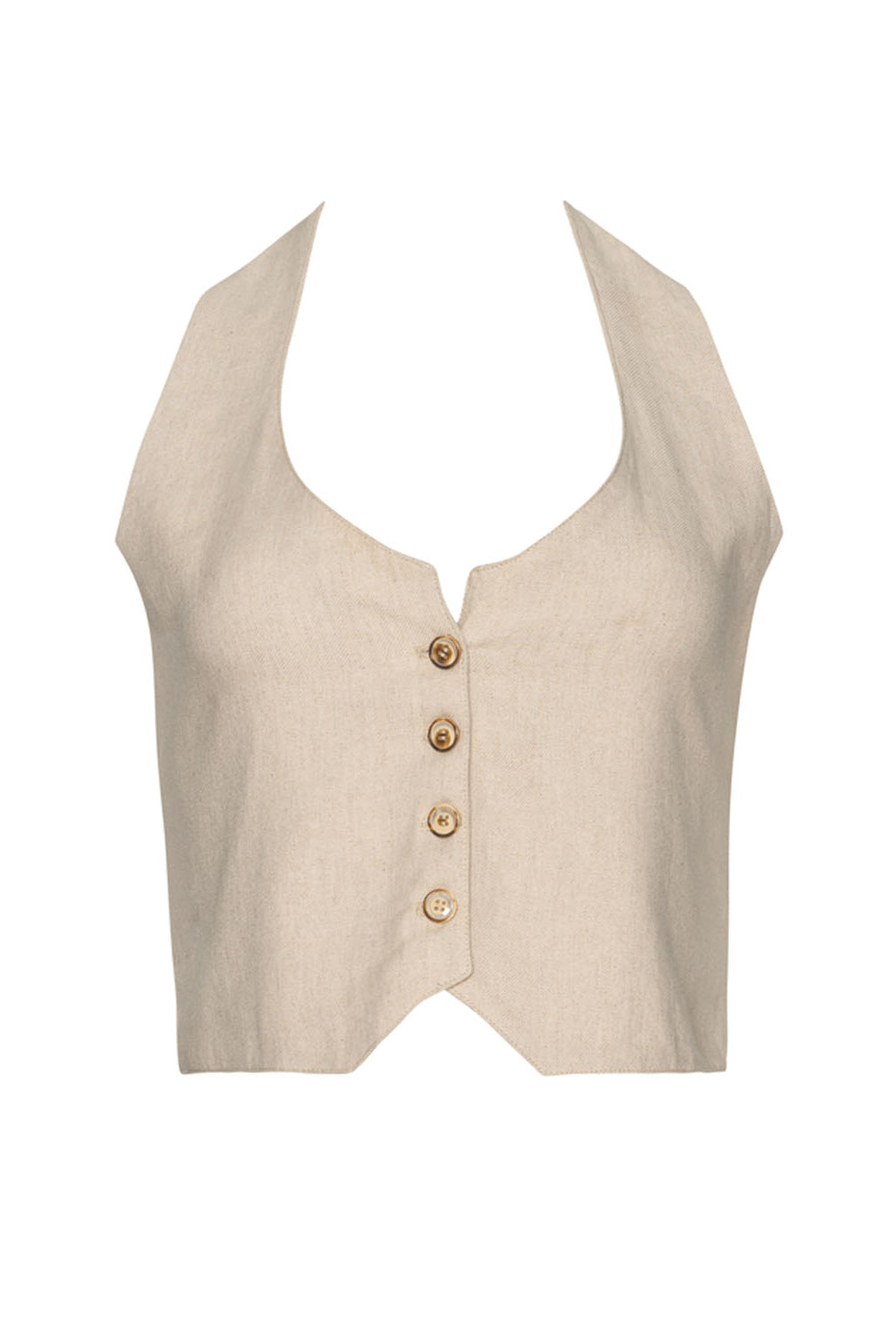 A tan button down vest against a white wall.