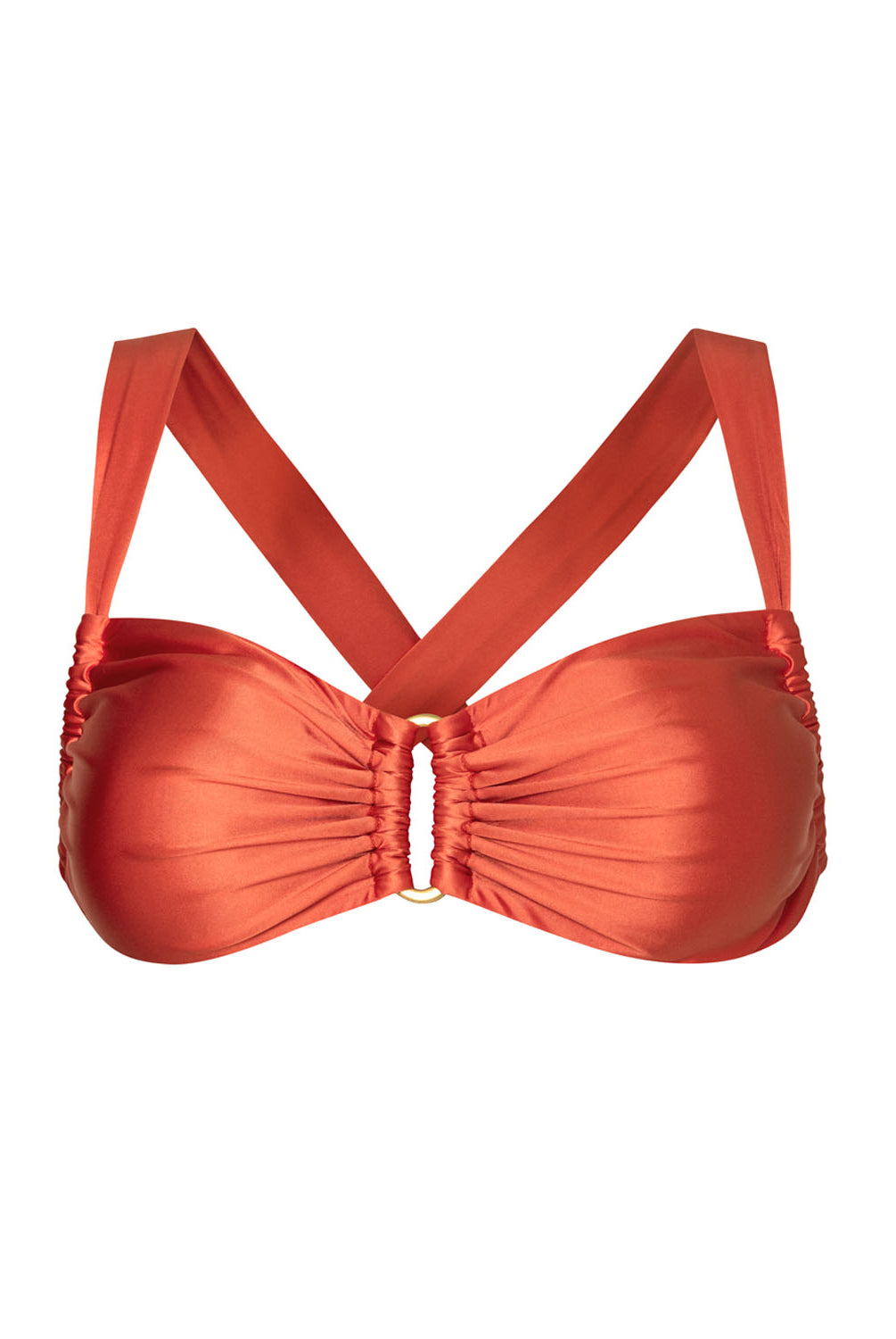 An orange bikini top against a white wall.