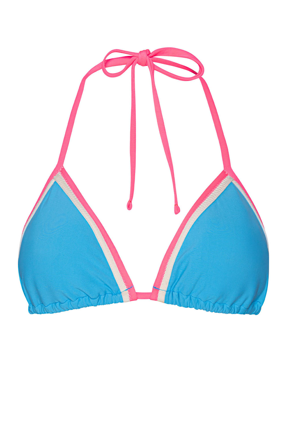 A teal blue triangle top with pink adjustable neck ties, designed for swimming.