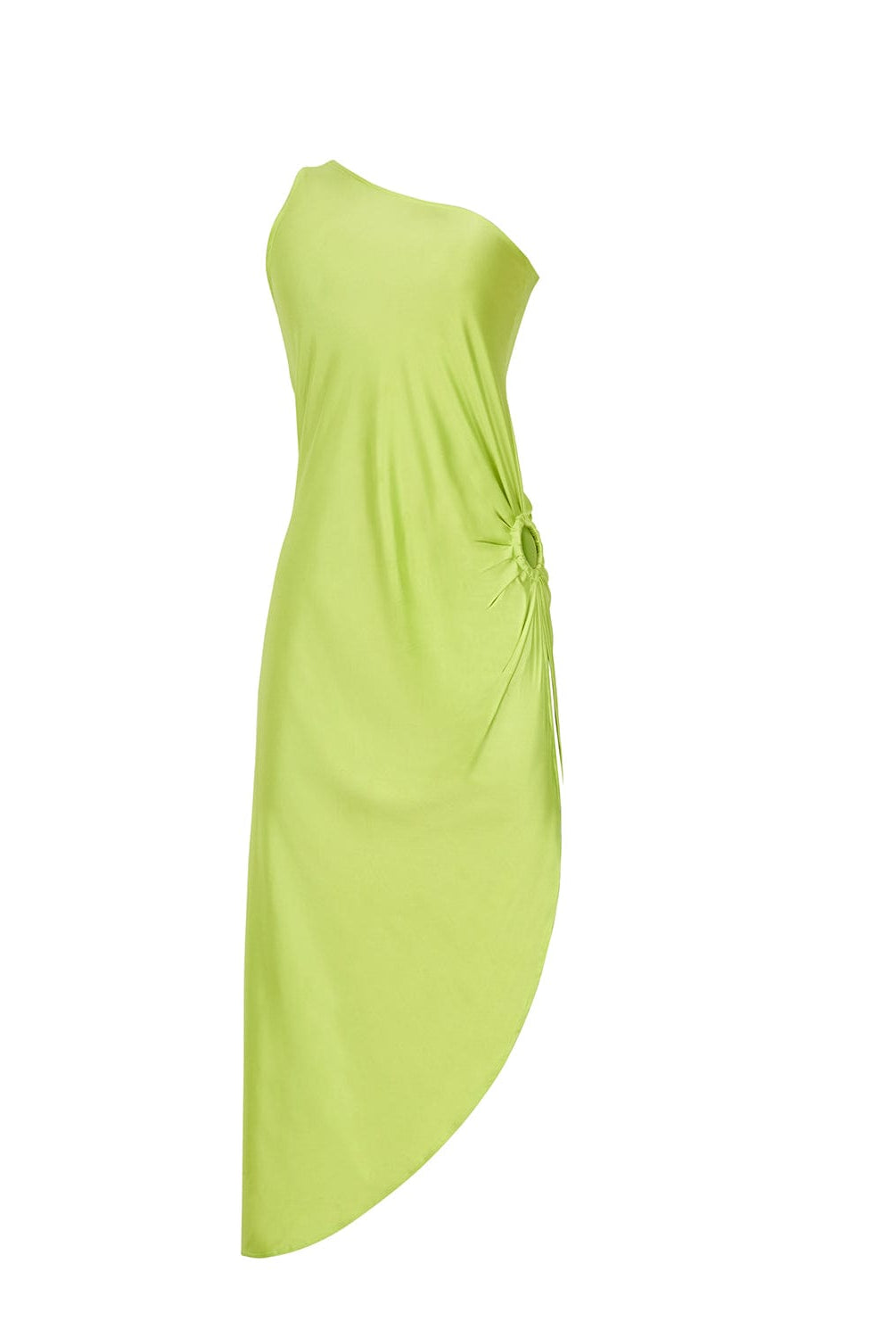 A lime green one-shoulder dress with side slit and ring detail. Featured against a white wall background.